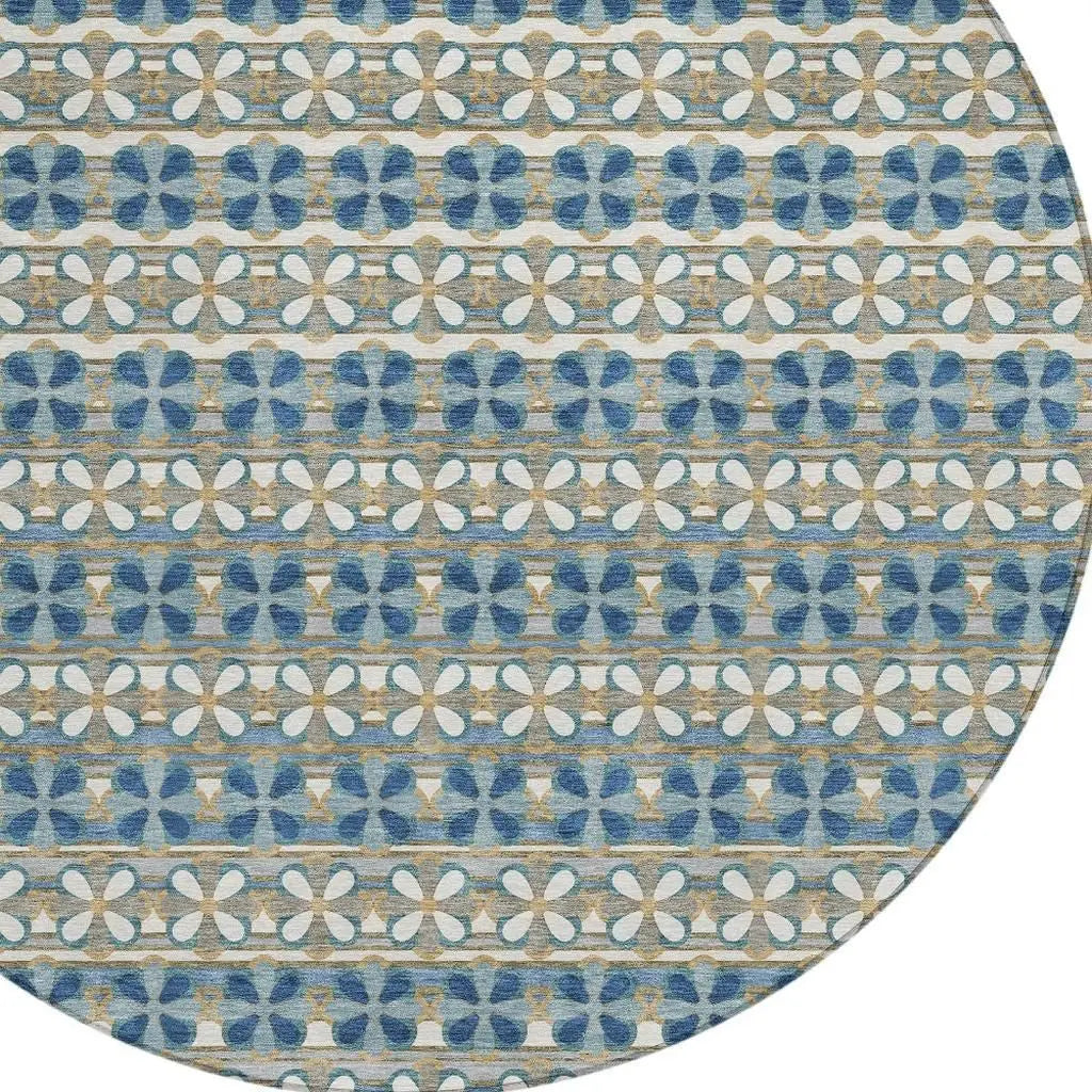 8' Teal Blue And Black Round Striped Washable Indoor Outdoor Area Rug Homeroots Outdoor