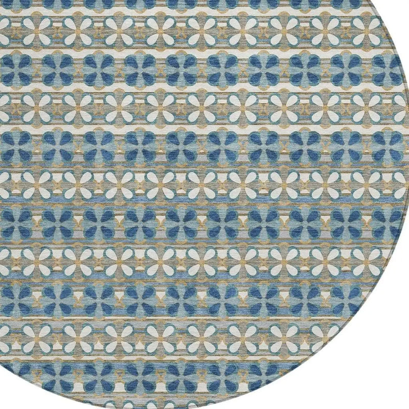8' Teal Blue And Black Round Striped Washable Indoor Outdoor Area Rug Homeroots Outdoor