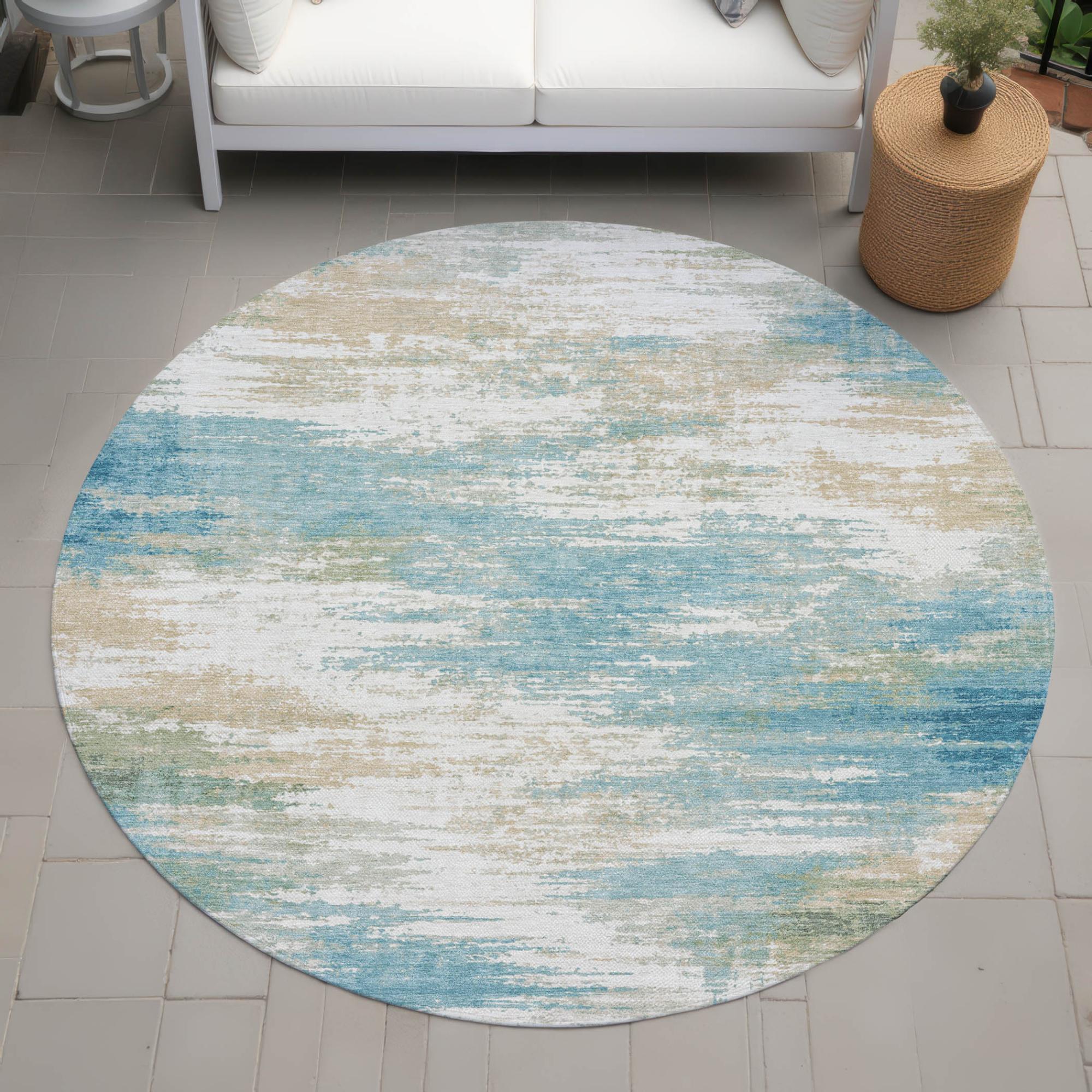 8' Teal Blue And Blue Round Abstract Washable Indoor Outdoor Area Rug Homeroots Outdoor