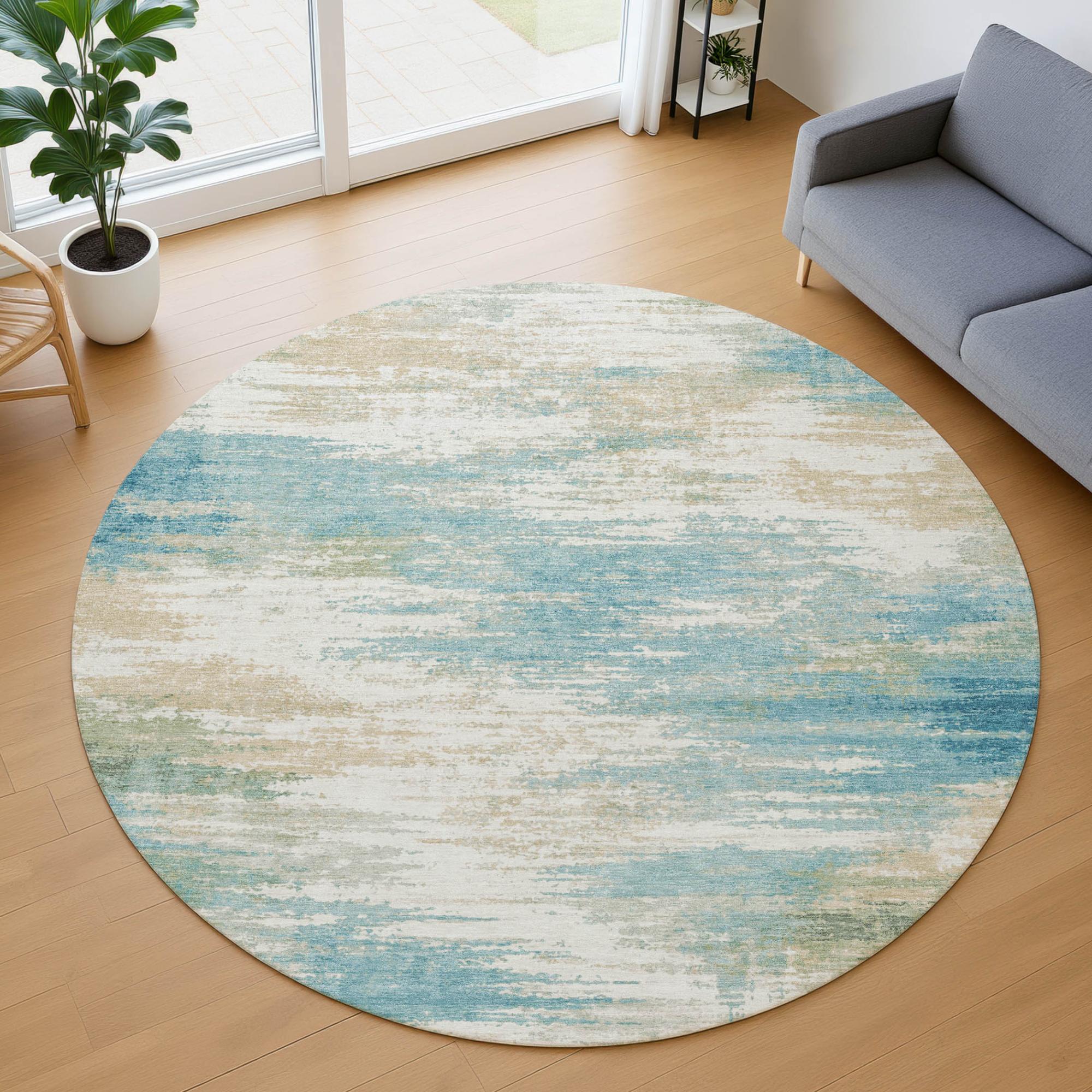 8' Teal Blue And Blue Round Abstract Washable Indoor Outdoor Area Rug Homeroots Outdoor
