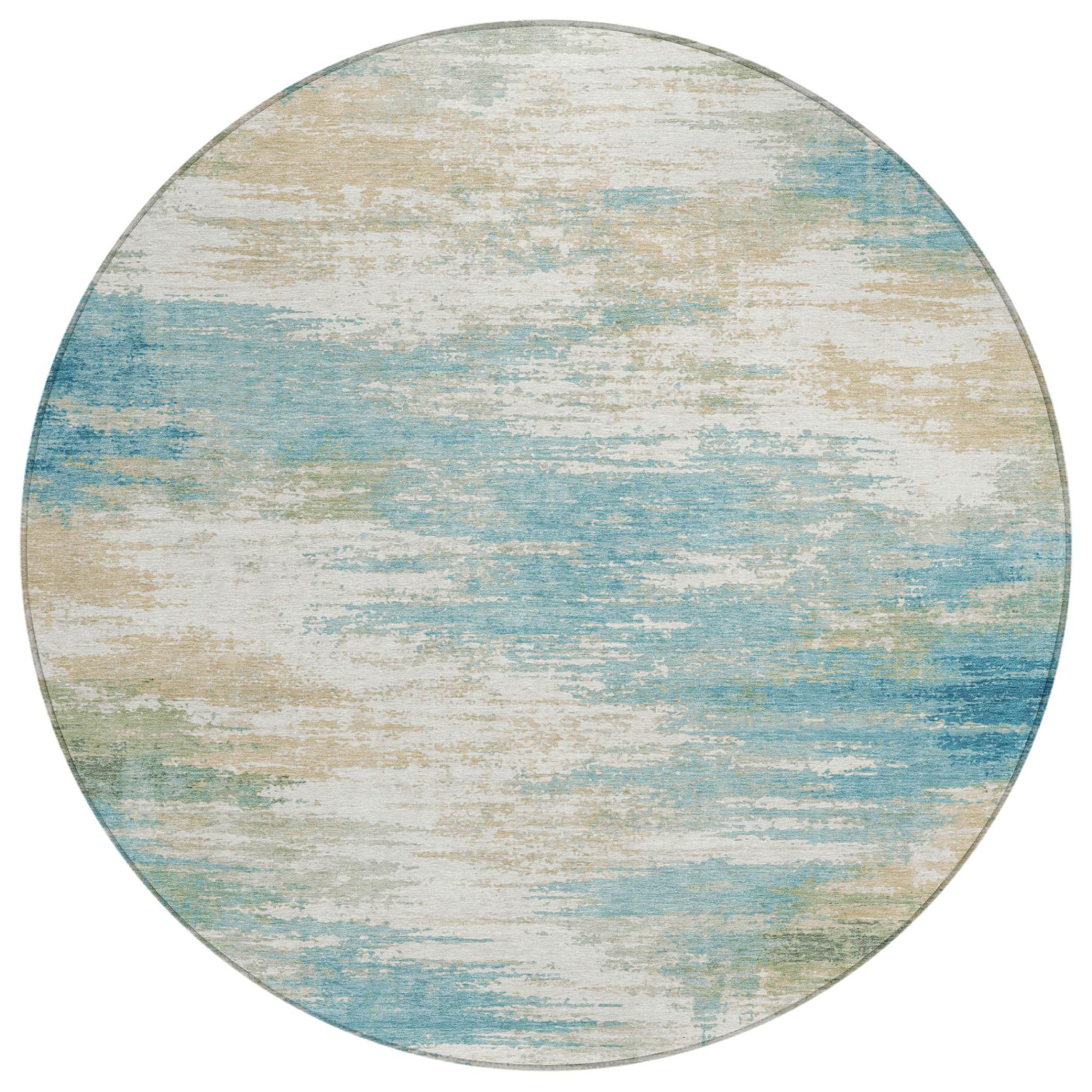 8' Teal Blue And Blue Round Abstract Washable Indoor Outdoor Area Rug Homeroots Outdoor