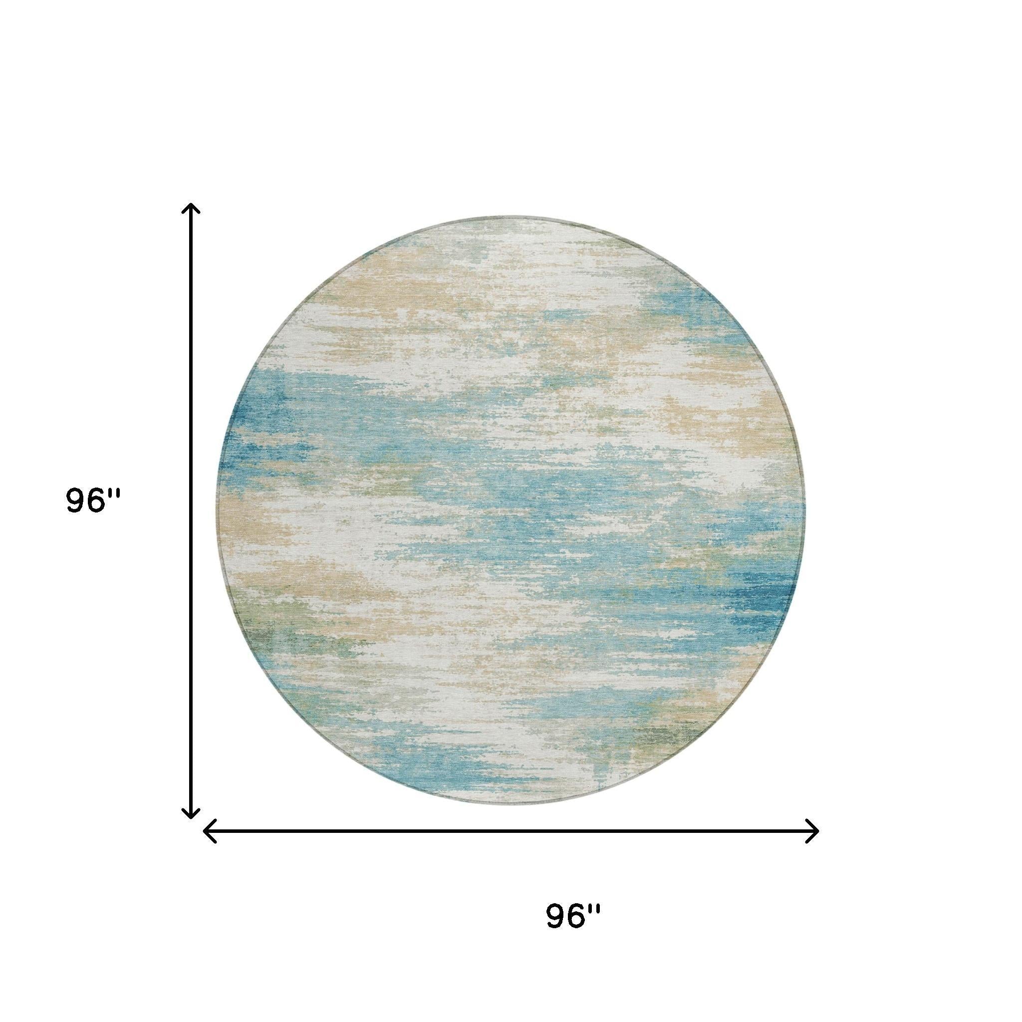 8' Teal Blue And Blue Round Abstract Washable Indoor Outdoor Area Rug Homeroots Outdoor