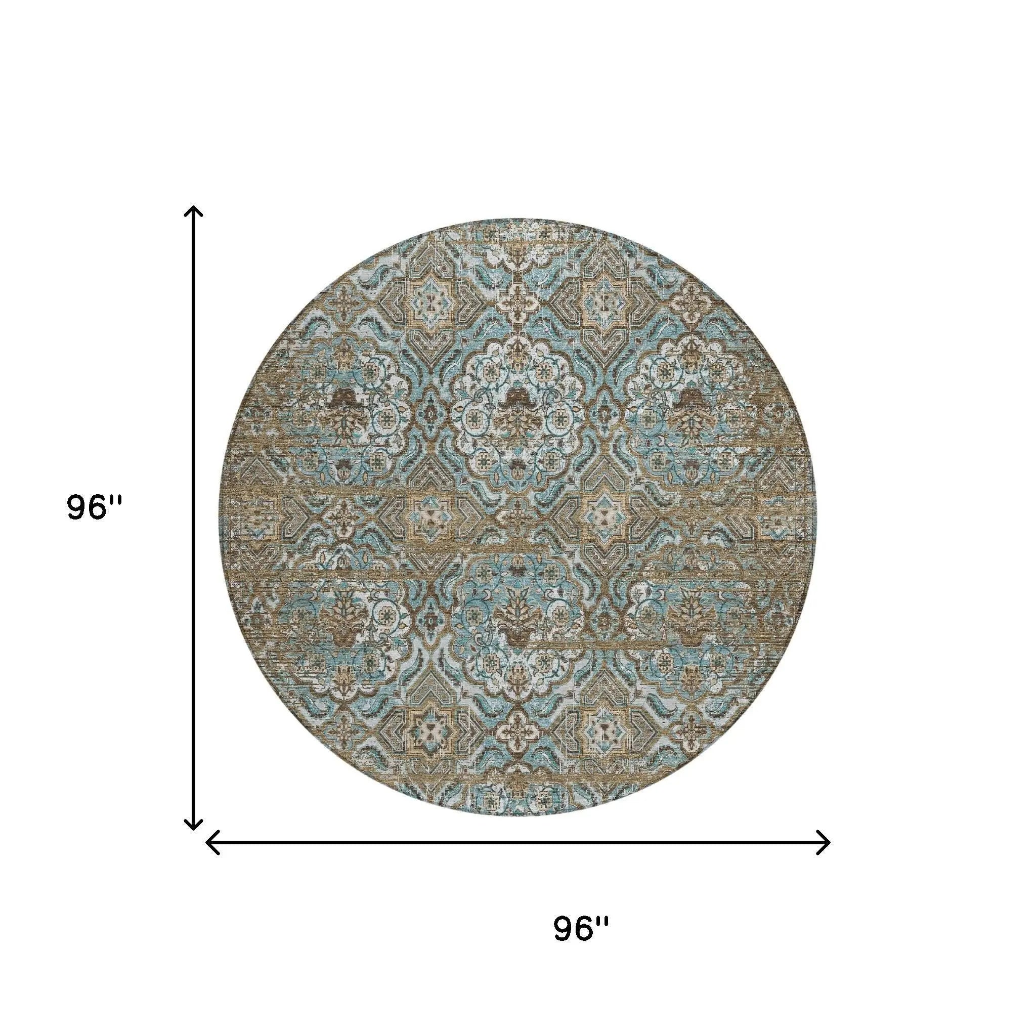 8' Teal Blue And Blue Round Floral Washable Indoor Outdoor Area Rug Homeroots Outdoor