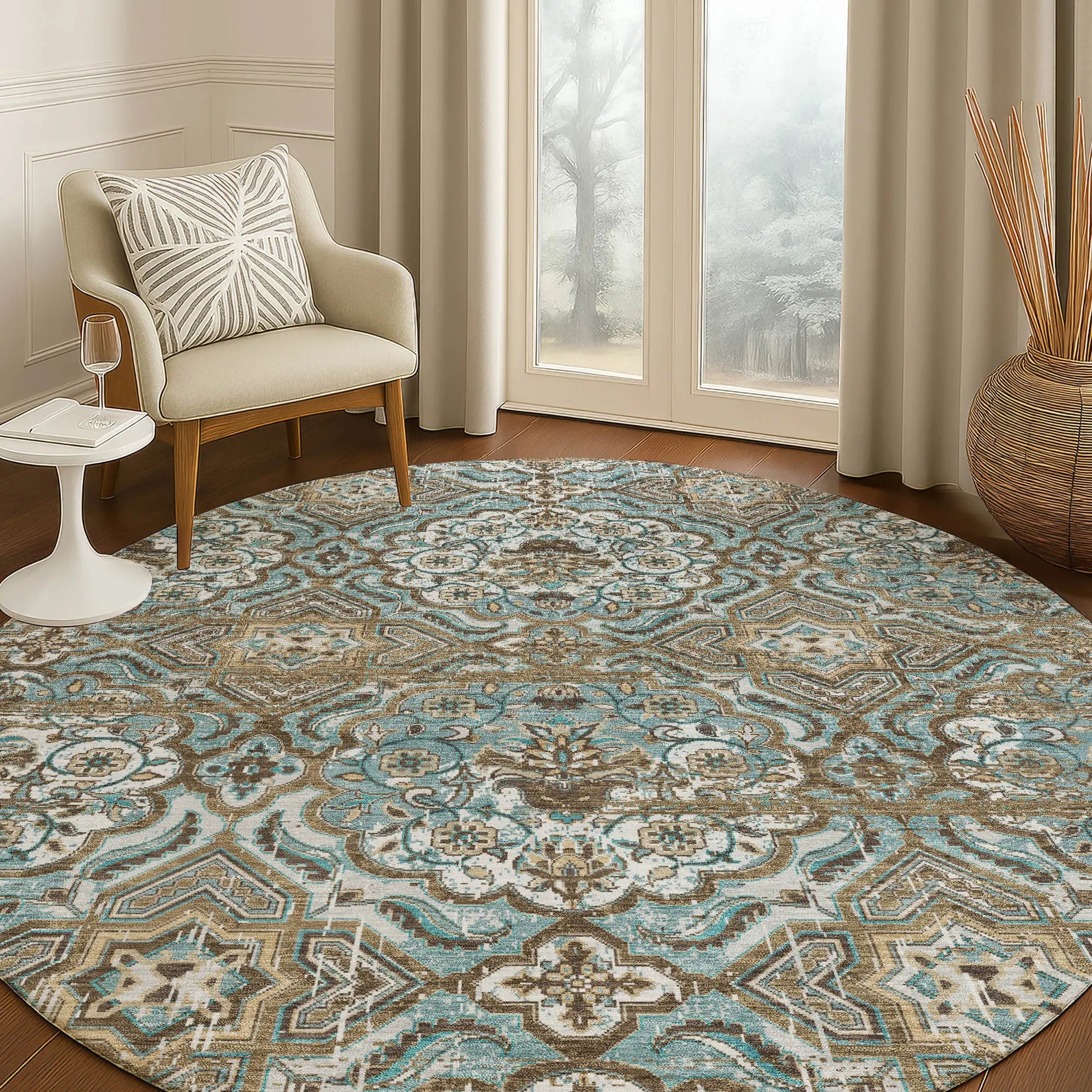 8' Teal Blue And Blue Round Floral Washable Indoor Outdoor Area Rug Homeroots Outdoor