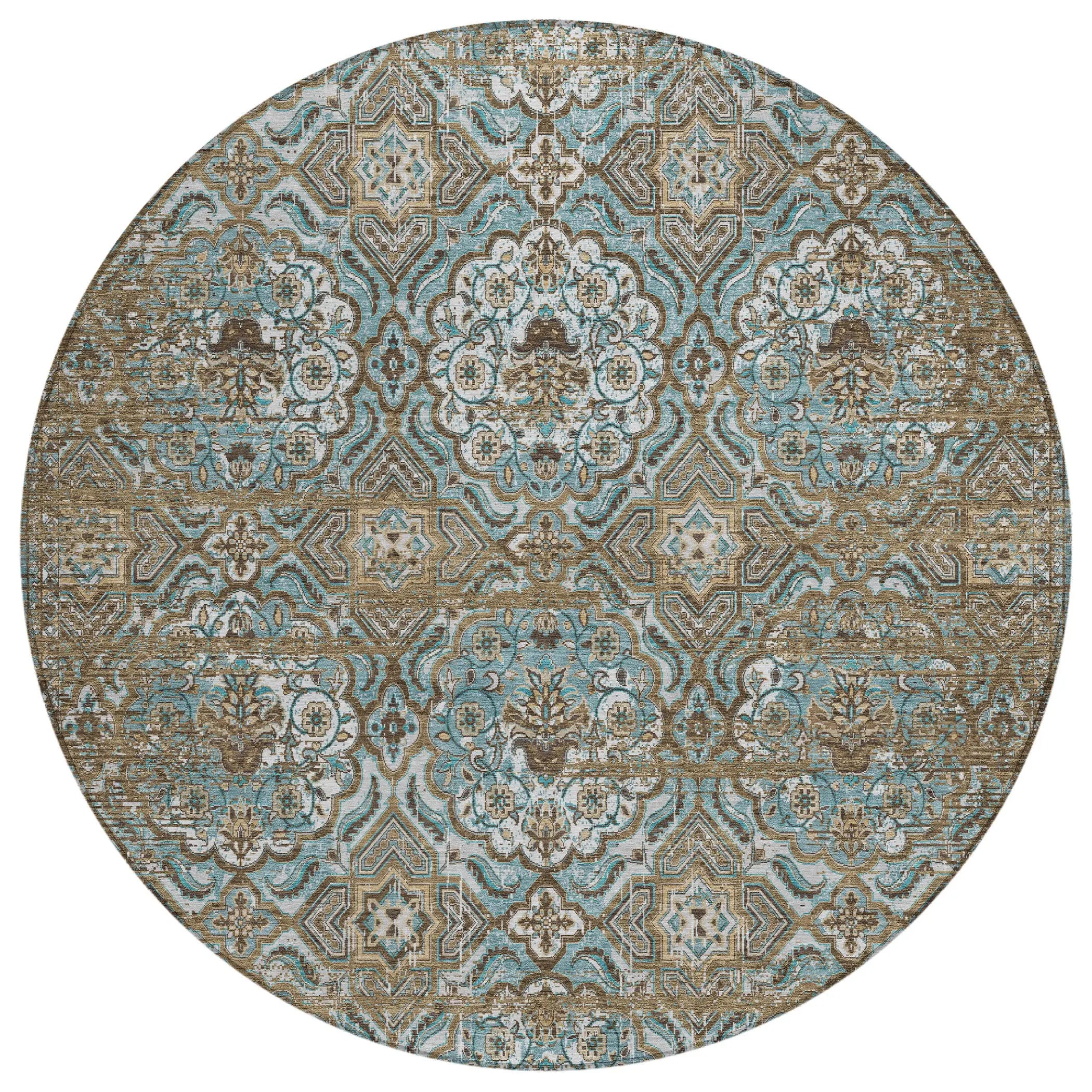 8' Teal Blue And Blue Round Floral Washable Indoor Outdoor Area Rug Homeroots Outdoor