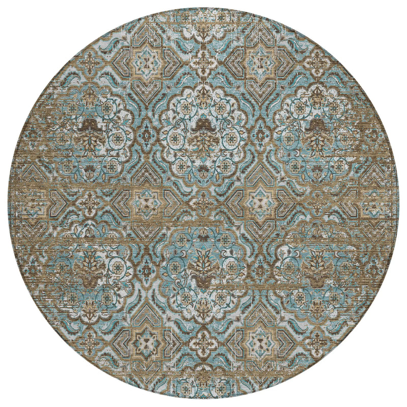 8' Teal Blue And Blue Round Floral Washable Indoor Outdoor Area Rug Homeroots Outdoor