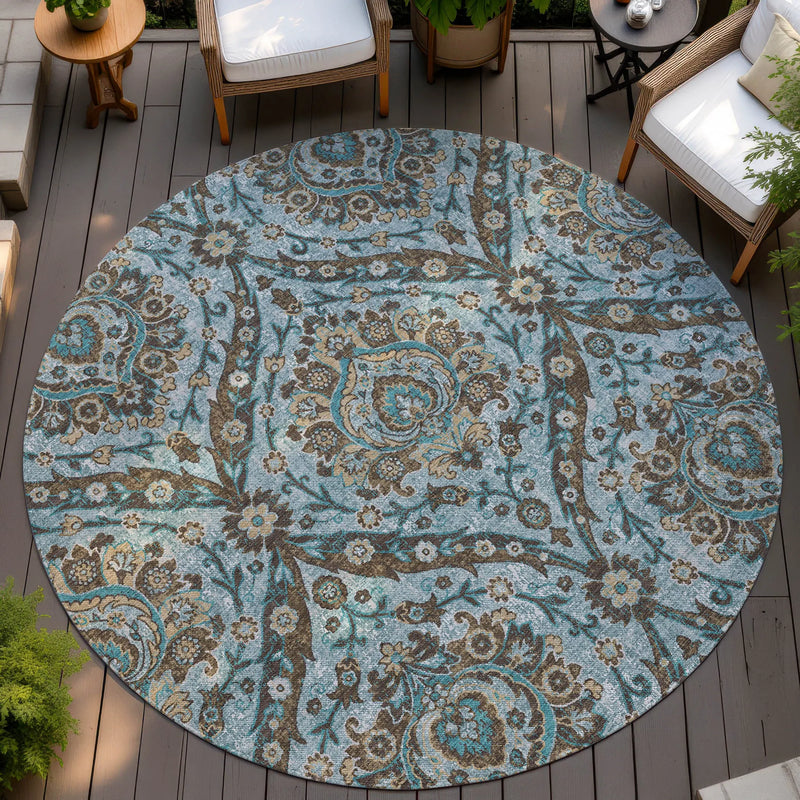 8' Teal Blue And Blue Round Floral Washable Indoor Outdoor Area Rug Homeroots Outdoor