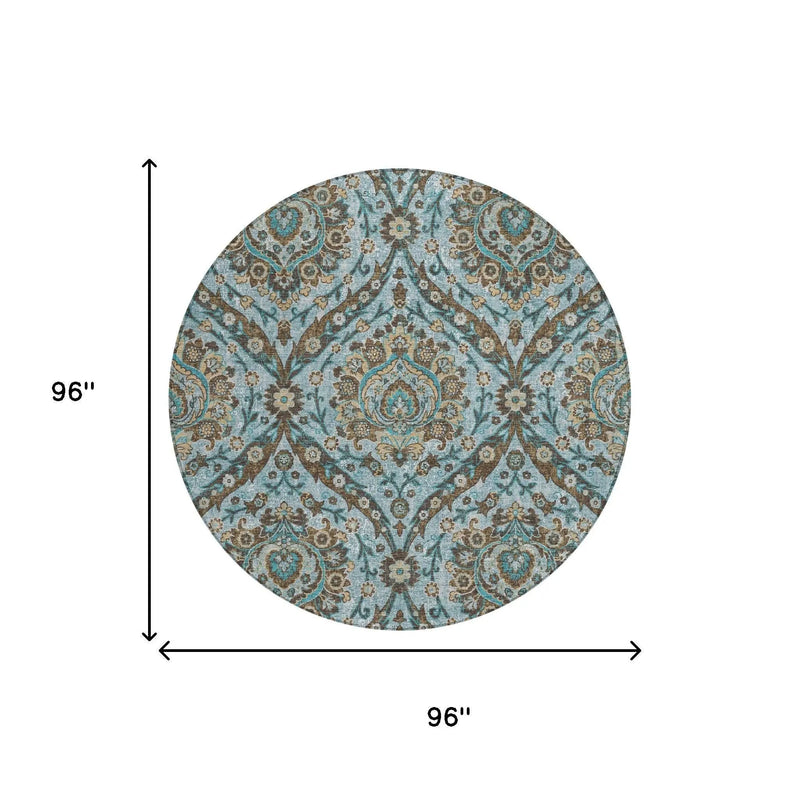 8' Teal Blue And Blue Round Floral Washable Indoor Outdoor Area Rug Homeroots Outdoor