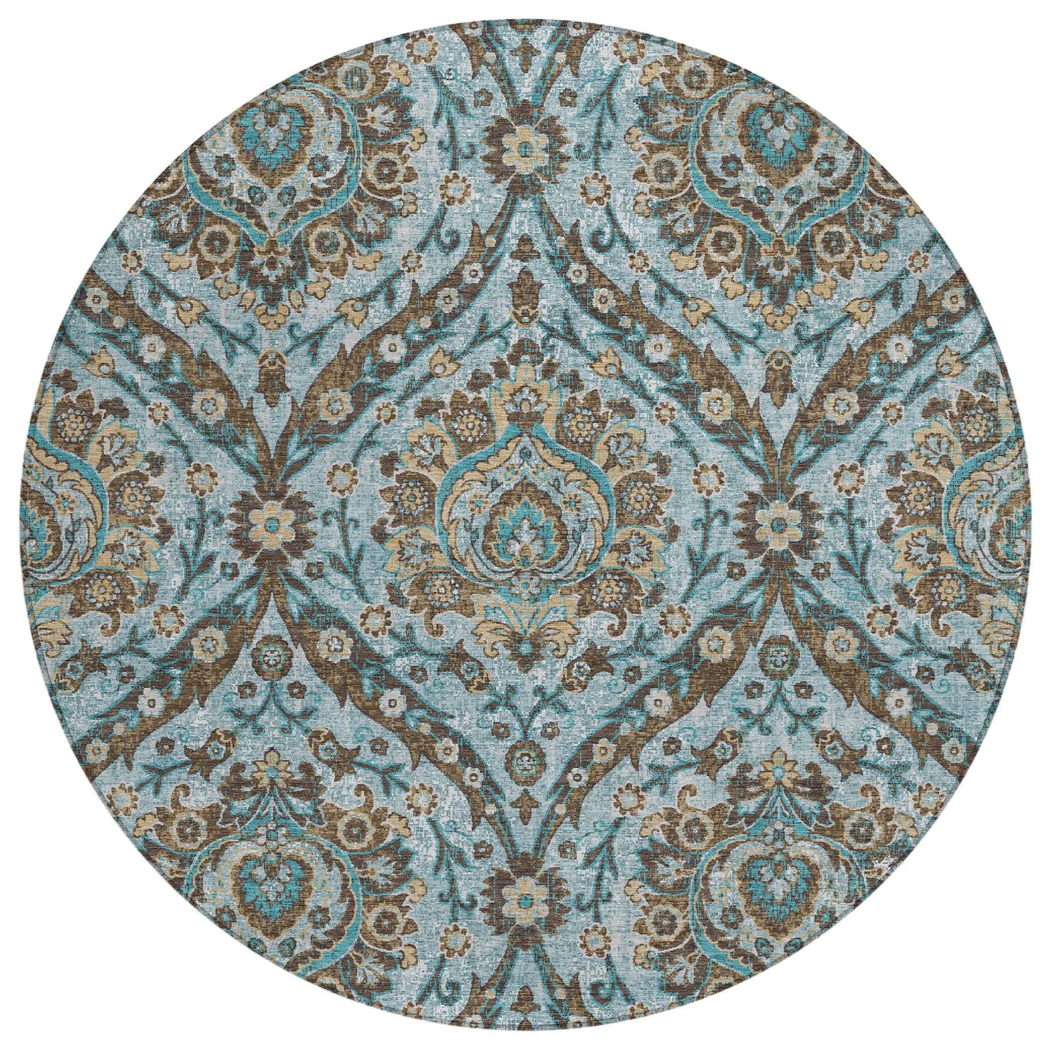 8' Teal Blue And Blue Round Floral Washable Indoor Outdoor Area Rug Homeroots Outdoor