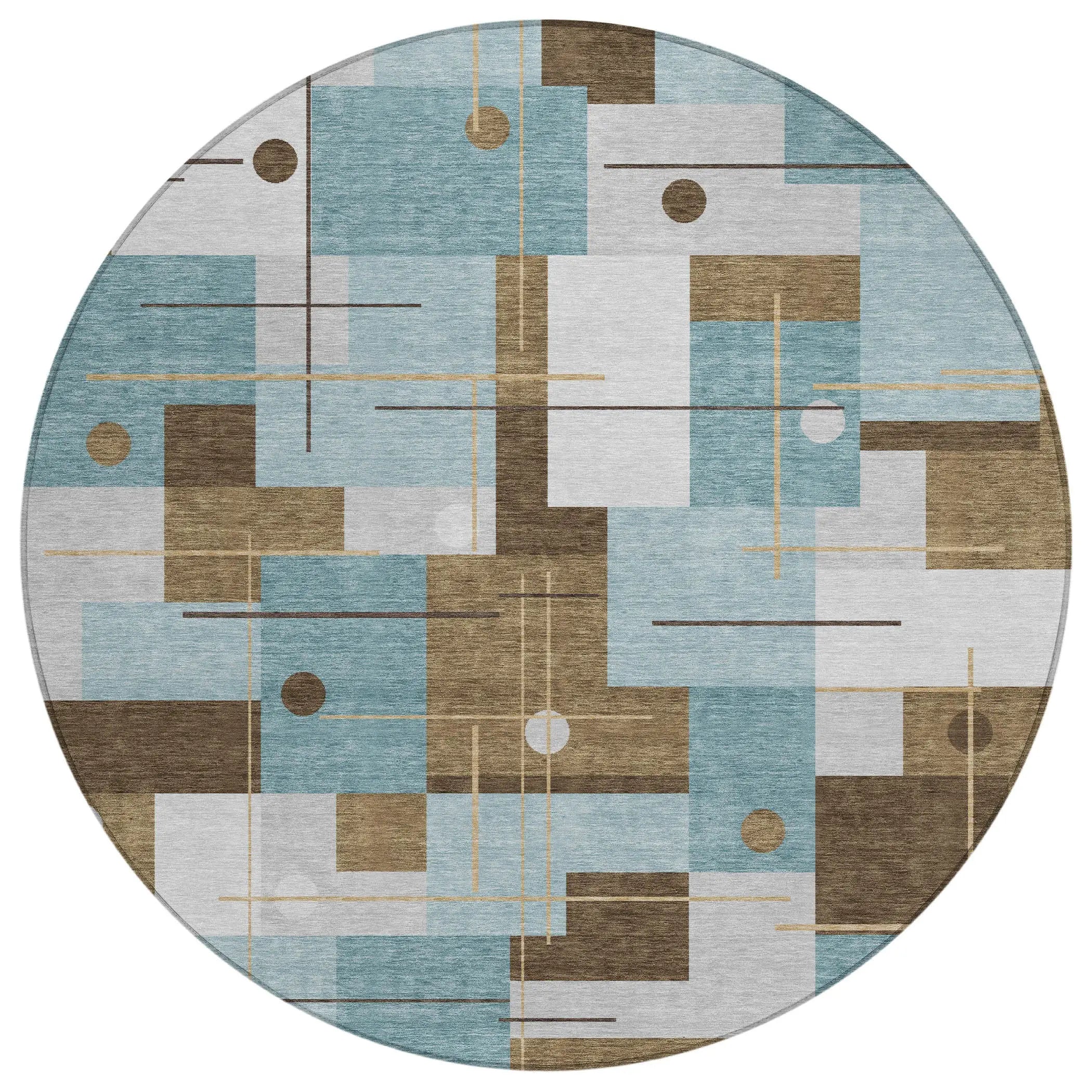 8' Teal Blue And Blue Round Geometric Washable Indoor Outdoor Area Rug Homeroots Outdoor