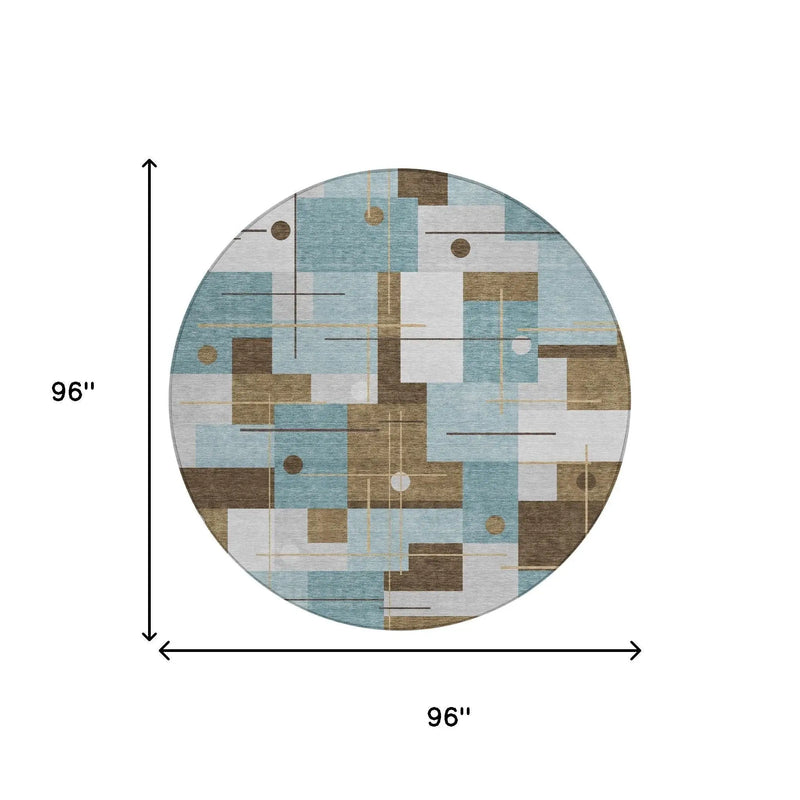 8' Teal Blue And Blue Round Geometric Washable Indoor Outdoor Area Rug Homeroots Outdoor