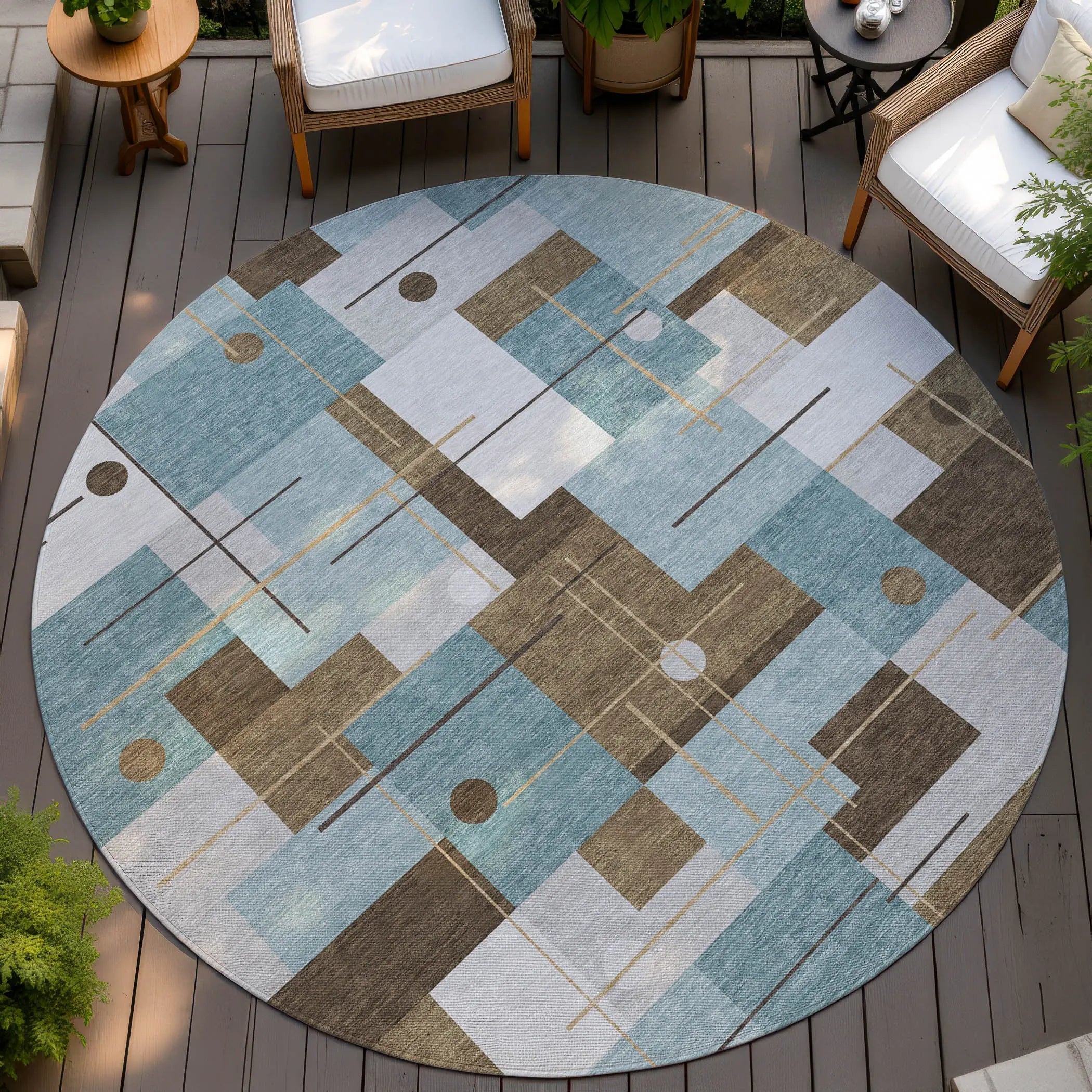 8' Teal Blue And Blue Round Geometric Washable Indoor Outdoor Area Rug Homeroots Outdoor