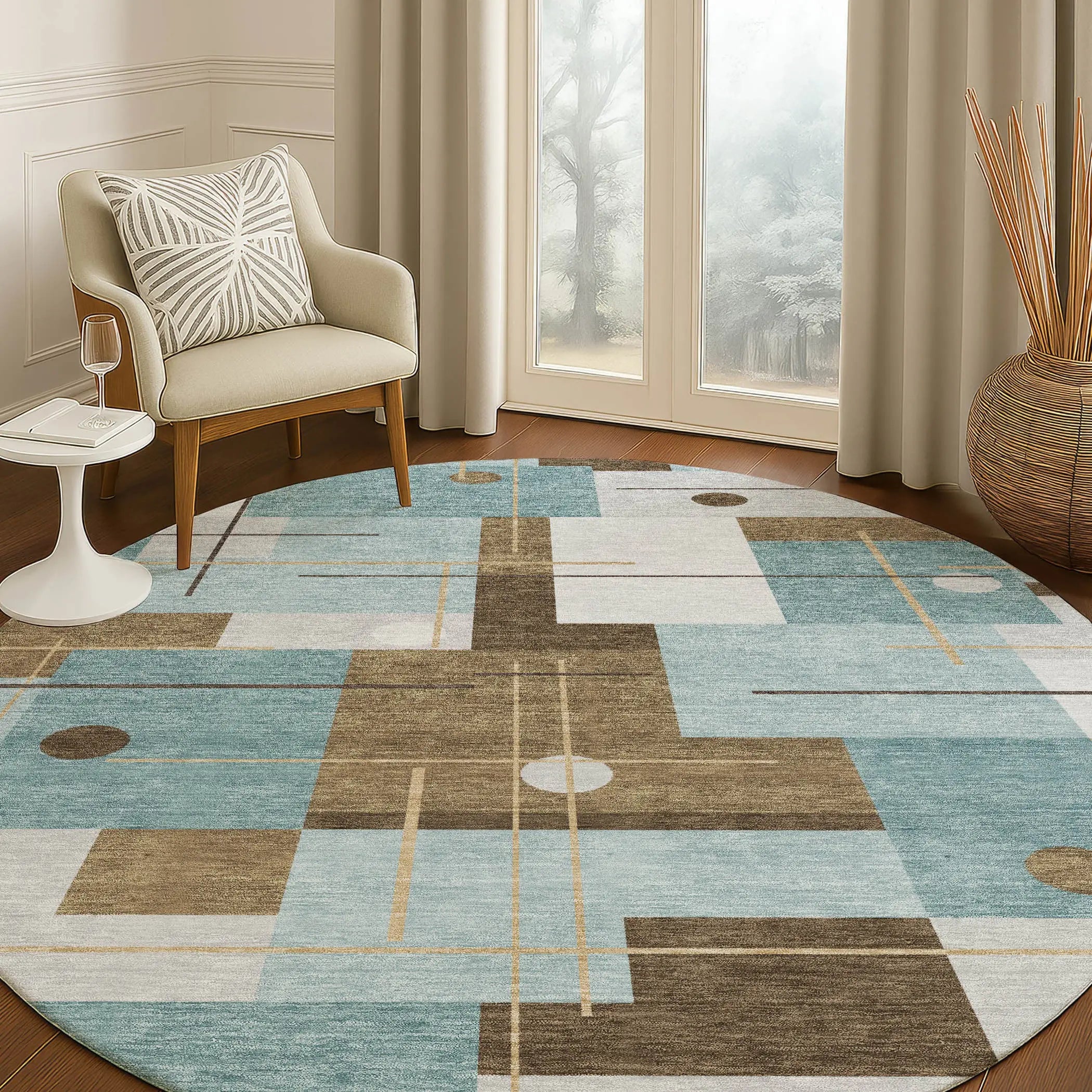 8' Teal Blue And Blue Round Geometric Washable Indoor Outdoor Area Rug Homeroots Outdoor