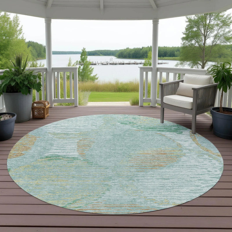 8' Teal Blue And Blue Round Geometric Washable Indoor Outdoor Area Rug Homeroots Outdoor