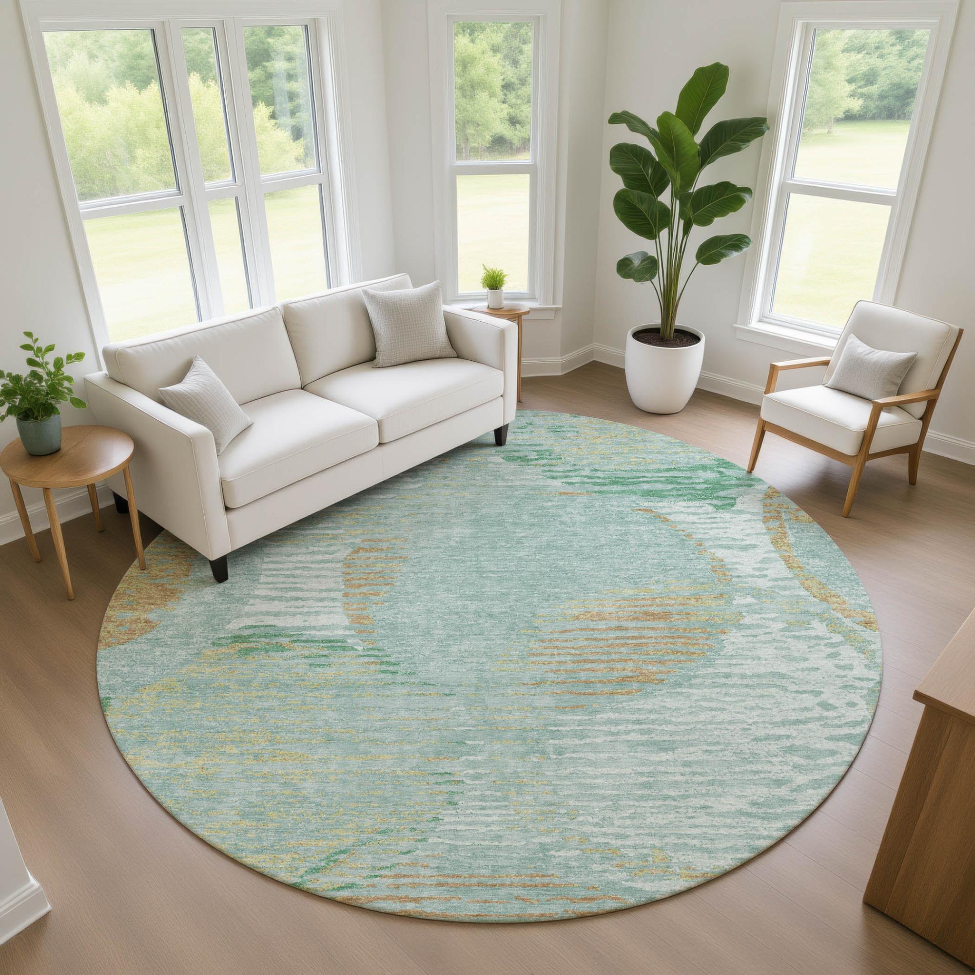 8' Teal Blue And Blue Round Geometric Washable Indoor Outdoor Area Rug Homeroots Outdoor
