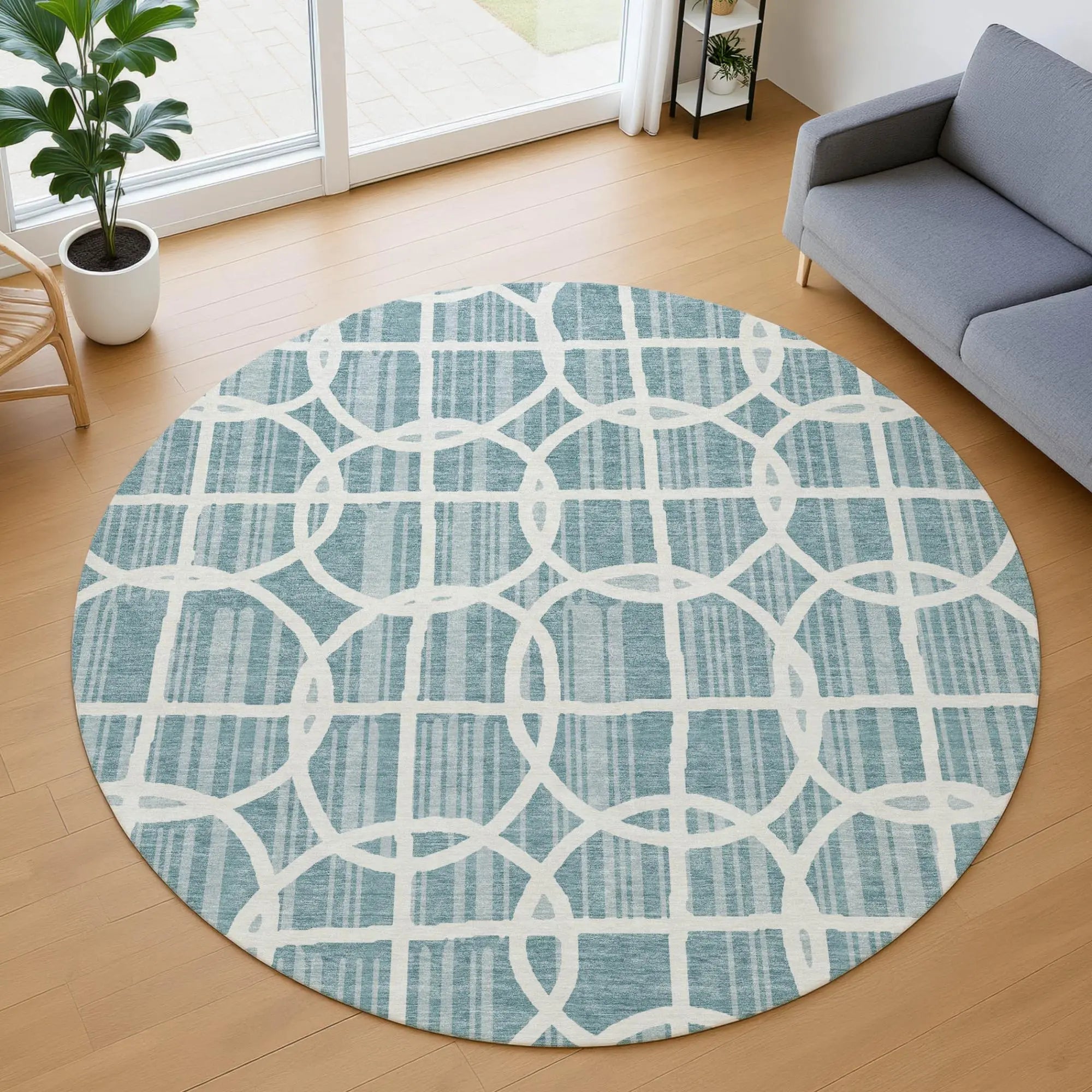 8' Teal Blue And Blue Round Geometric Washable Indoor Outdoor Area Rug Homeroots Outdoor