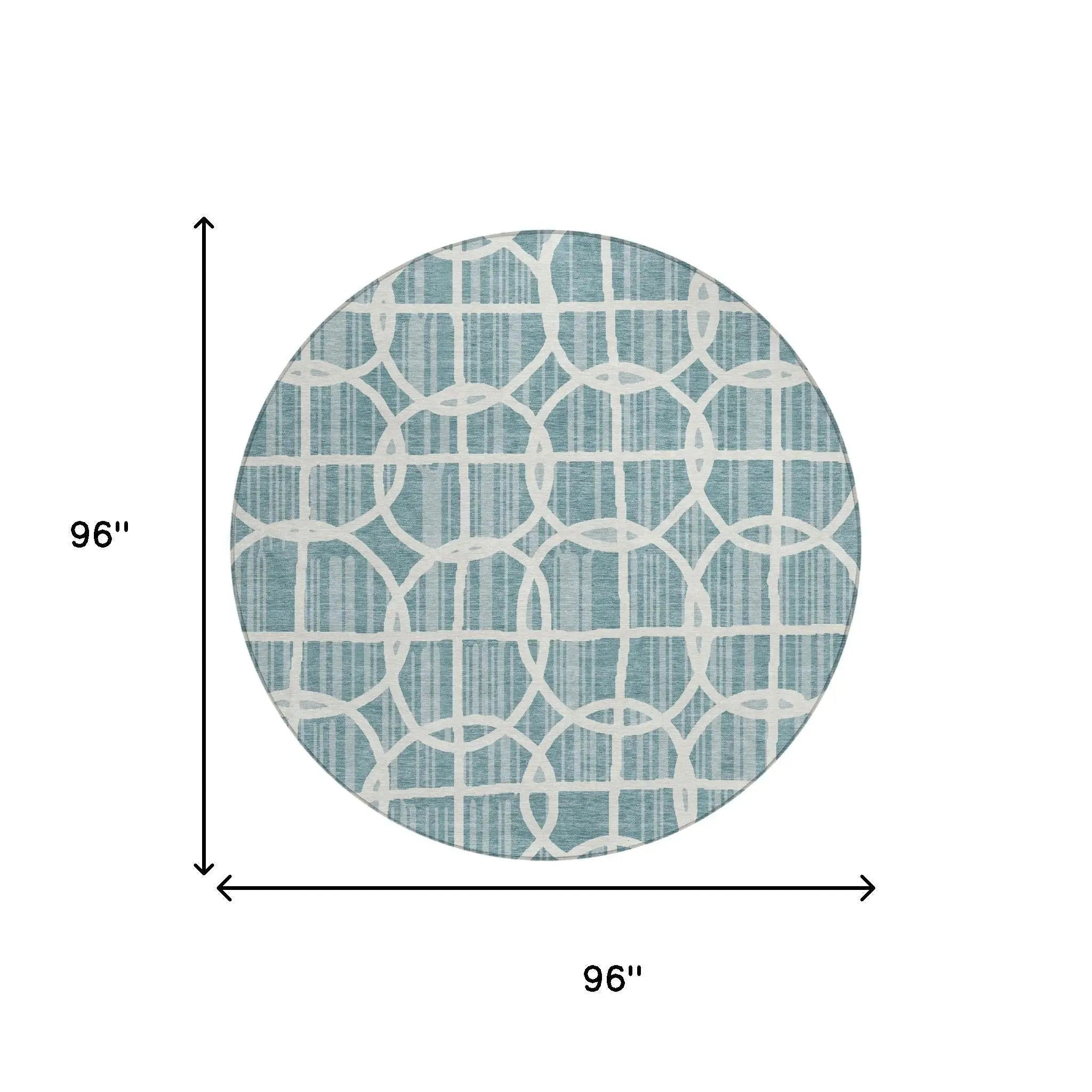 8' Teal Blue And Blue Round Geometric Washable Indoor Outdoor Area Rug Homeroots Outdoor