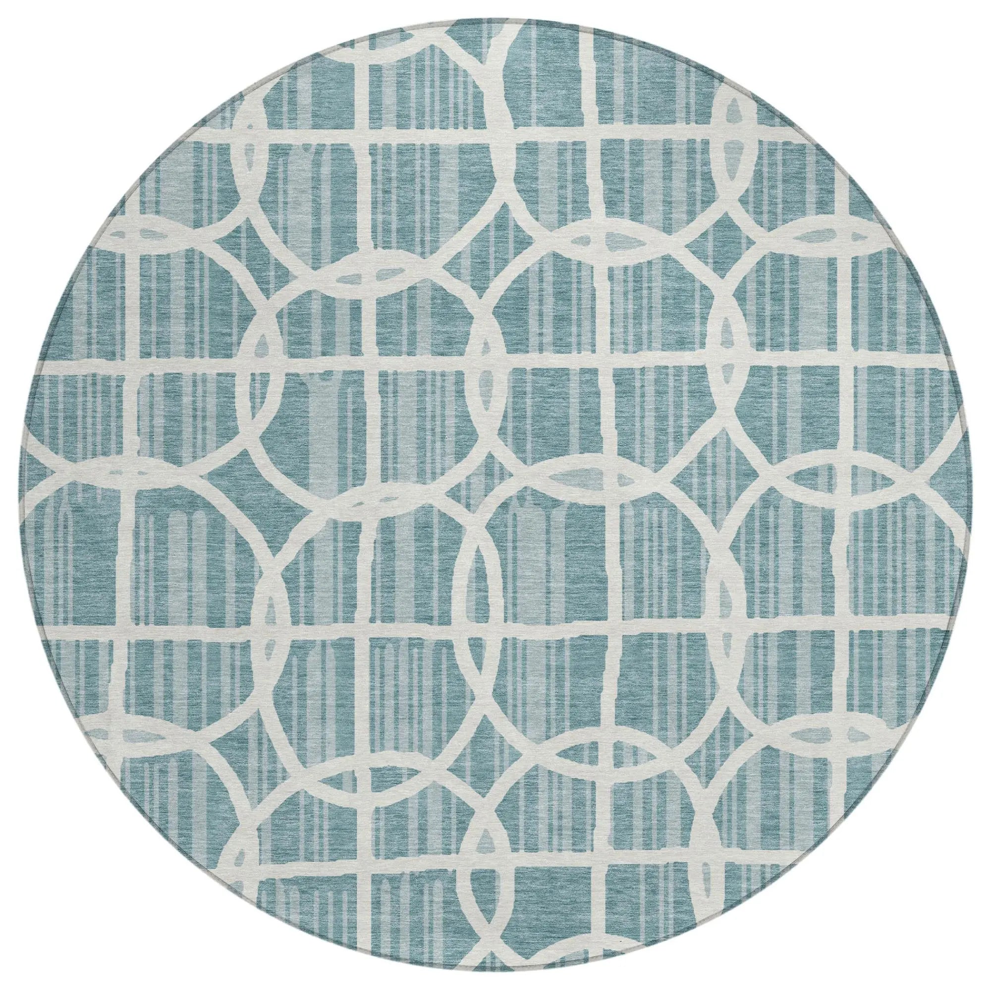 8' Teal Blue And Blue Round Geometric Washable Indoor Outdoor Area Rug Homeroots Outdoor