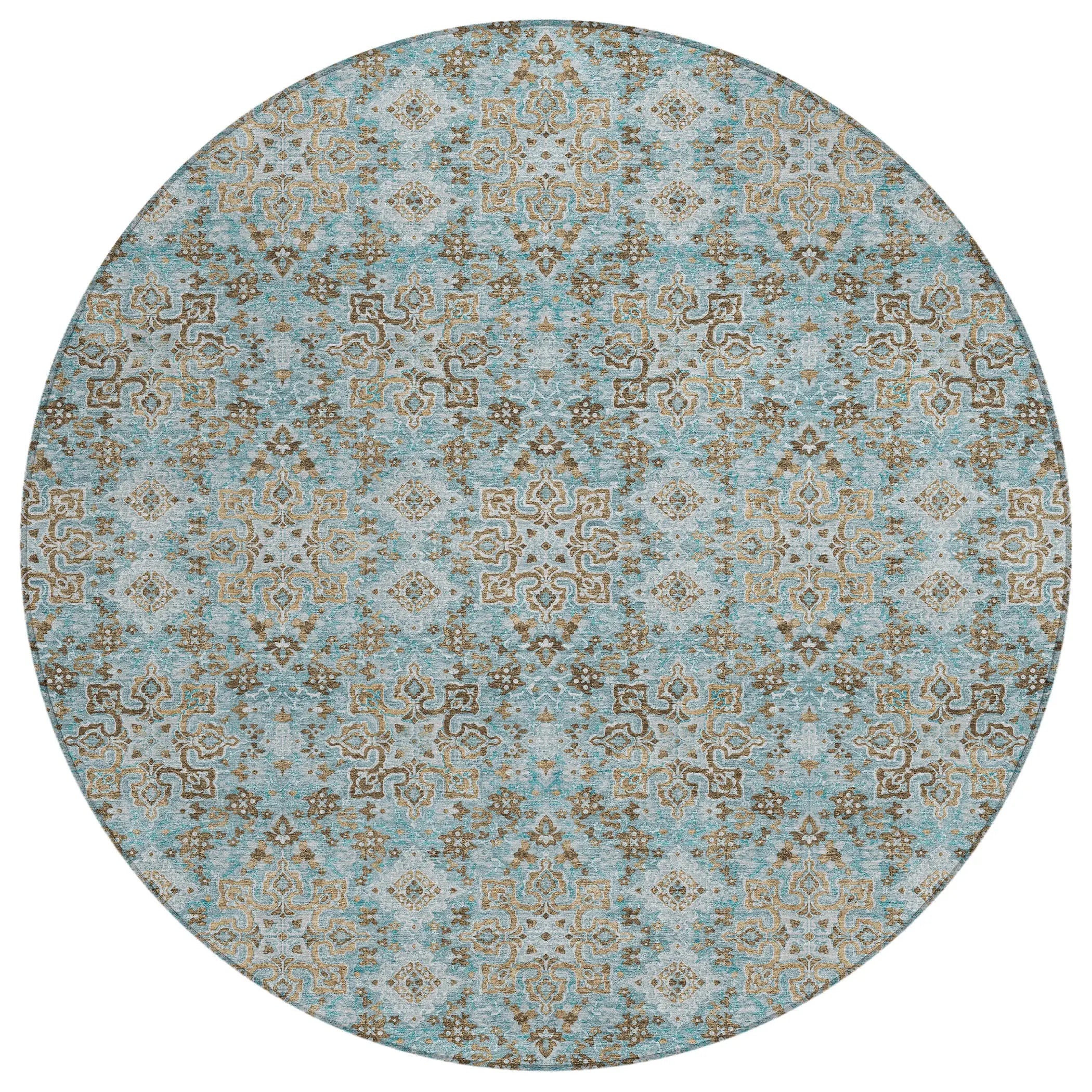8' Teal Blue And Blue Round Oriental Washable Indoor Outdoor Area Rug Homeroots Outdoor