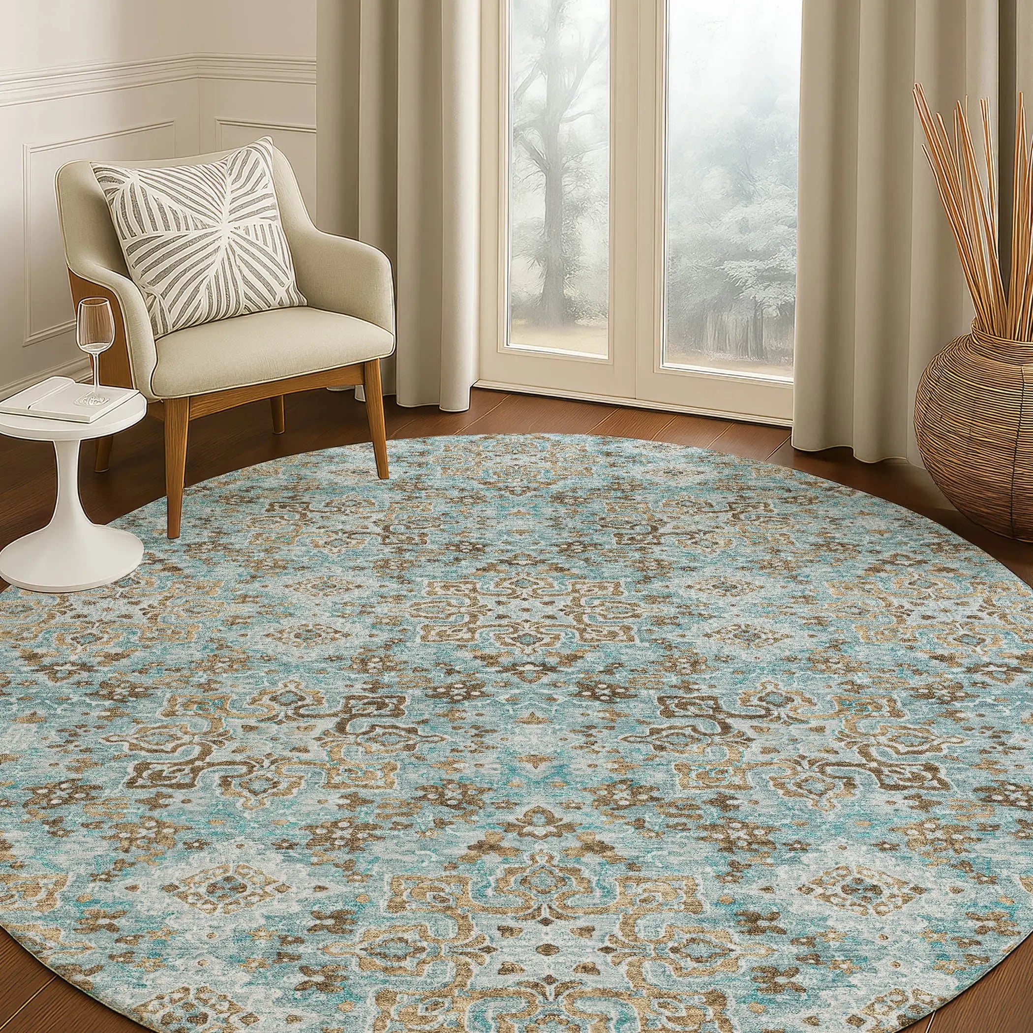 8' Teal Blue And Blue Round Oriental Washable Indoor Outdoor Area Rug Homeroots Outdoor