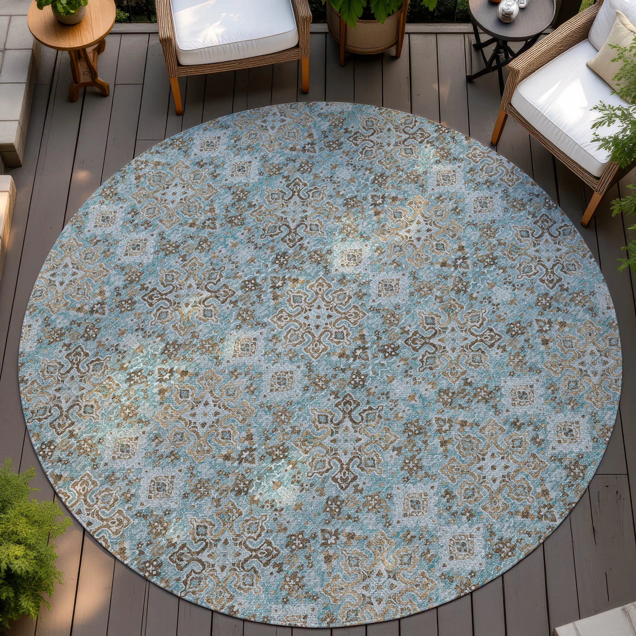 8' Teal Blue And Blue Round Oriental Washable Indoor Outdoor Area Rug Homeroots Outdoor