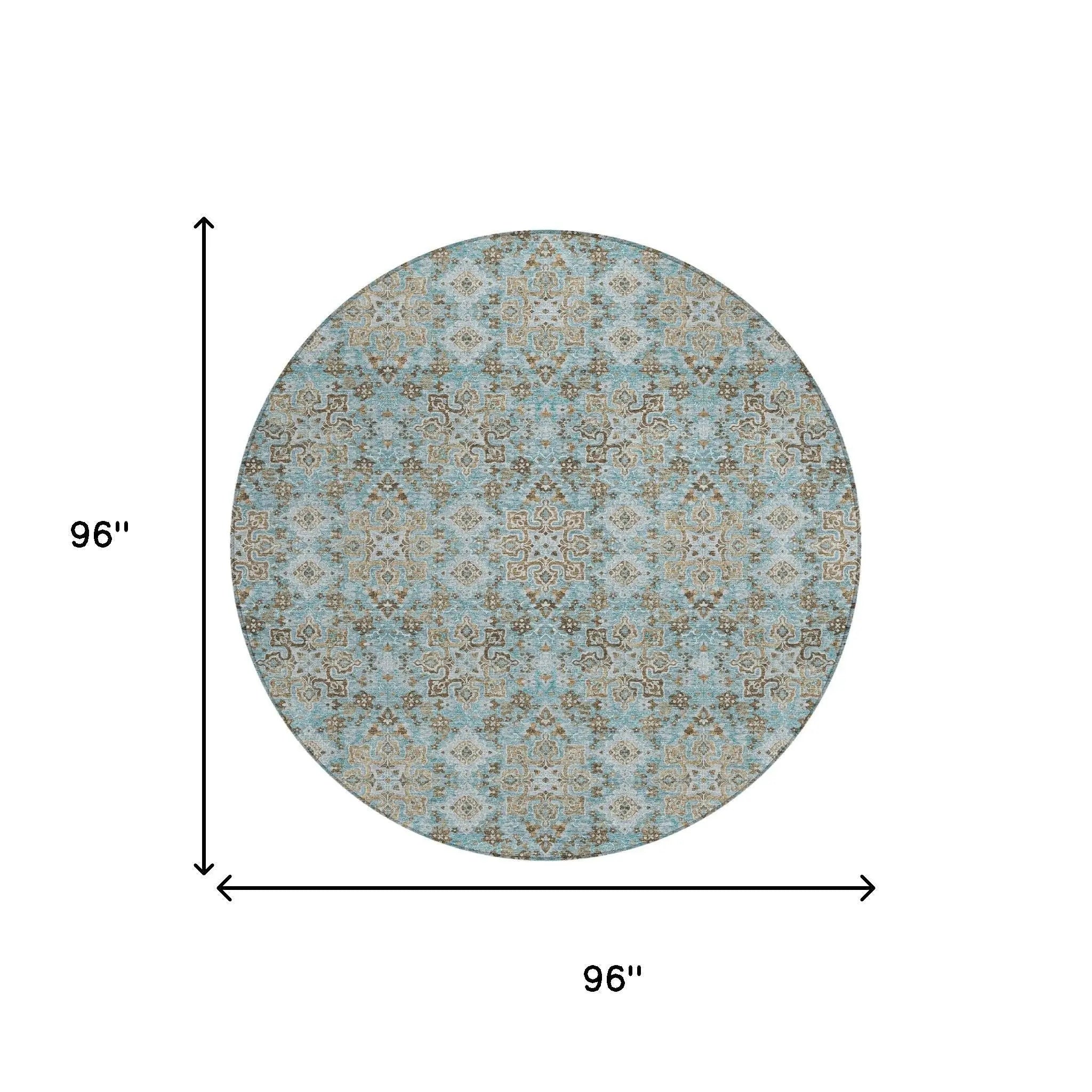 8' Teal Blue And Blue Round Oriental Washable Indoor Outdoor Area Rug Homeroots Outdoor
