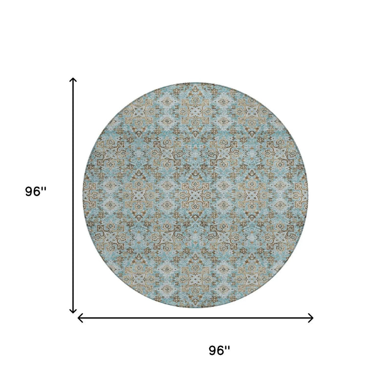 8' Teal Blue And Blue Round Oriental Washable Indoor Outdoor Area Rug Homeroots Outdoor