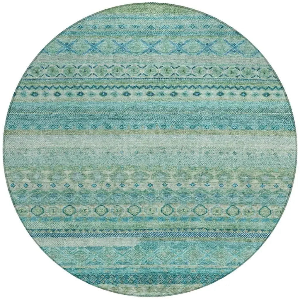 8' Teal Blue And Blue Round Striped Washable Indoor Outdoor Area Rug Homeroots Outdoor