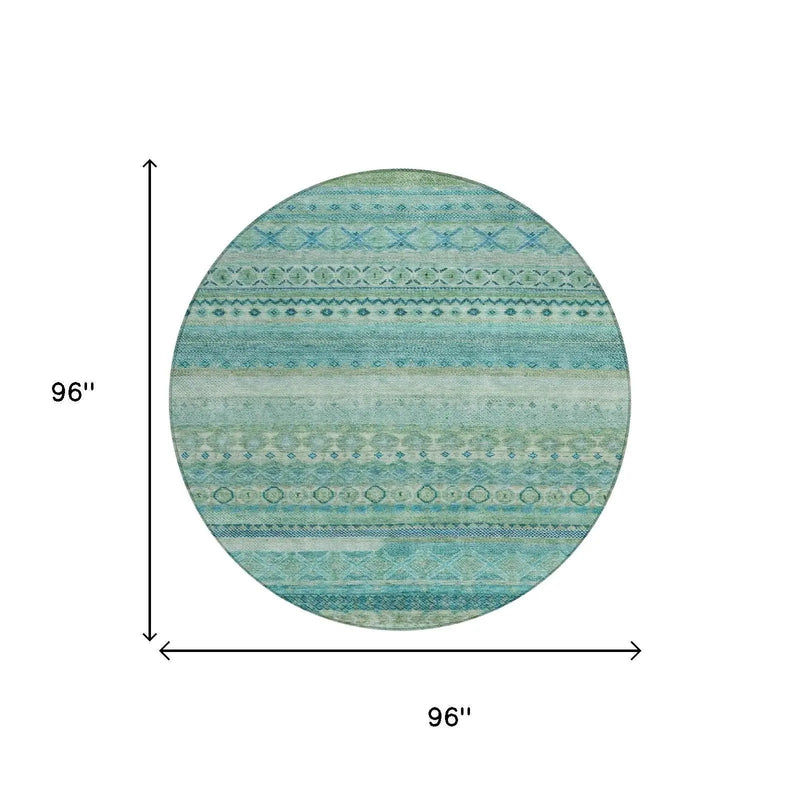 8' Teal Blue And Blue Round Striped Washable Indoor Outdoor Area Rug Homeroots Outdoor