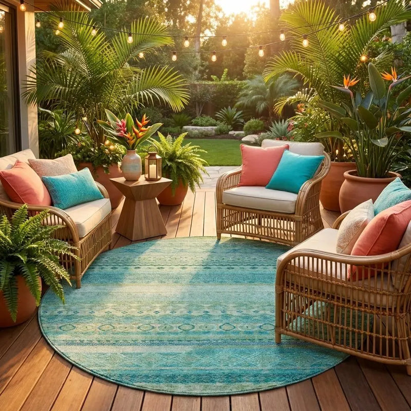8' Teal Blue And Blue Round Striped Washable Indoor Outdoor Area Rug Homeroots Outdoor