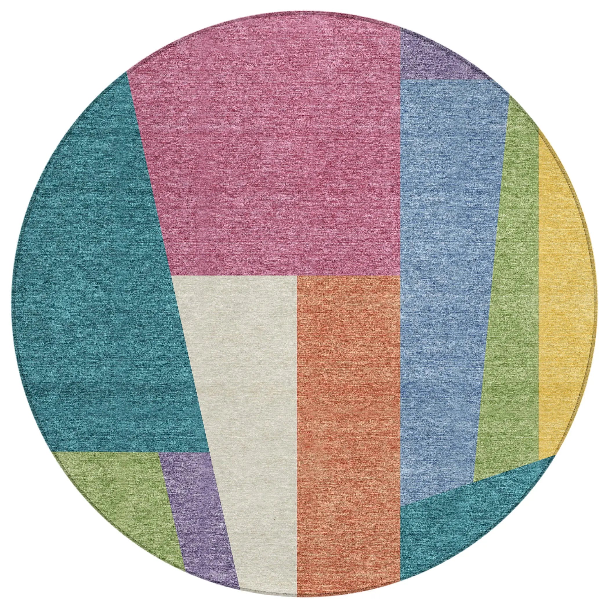 8' Teal Blue And Blush Round Geometric Washable Indoor Outdoor Area Rug Homeroots Outdoor