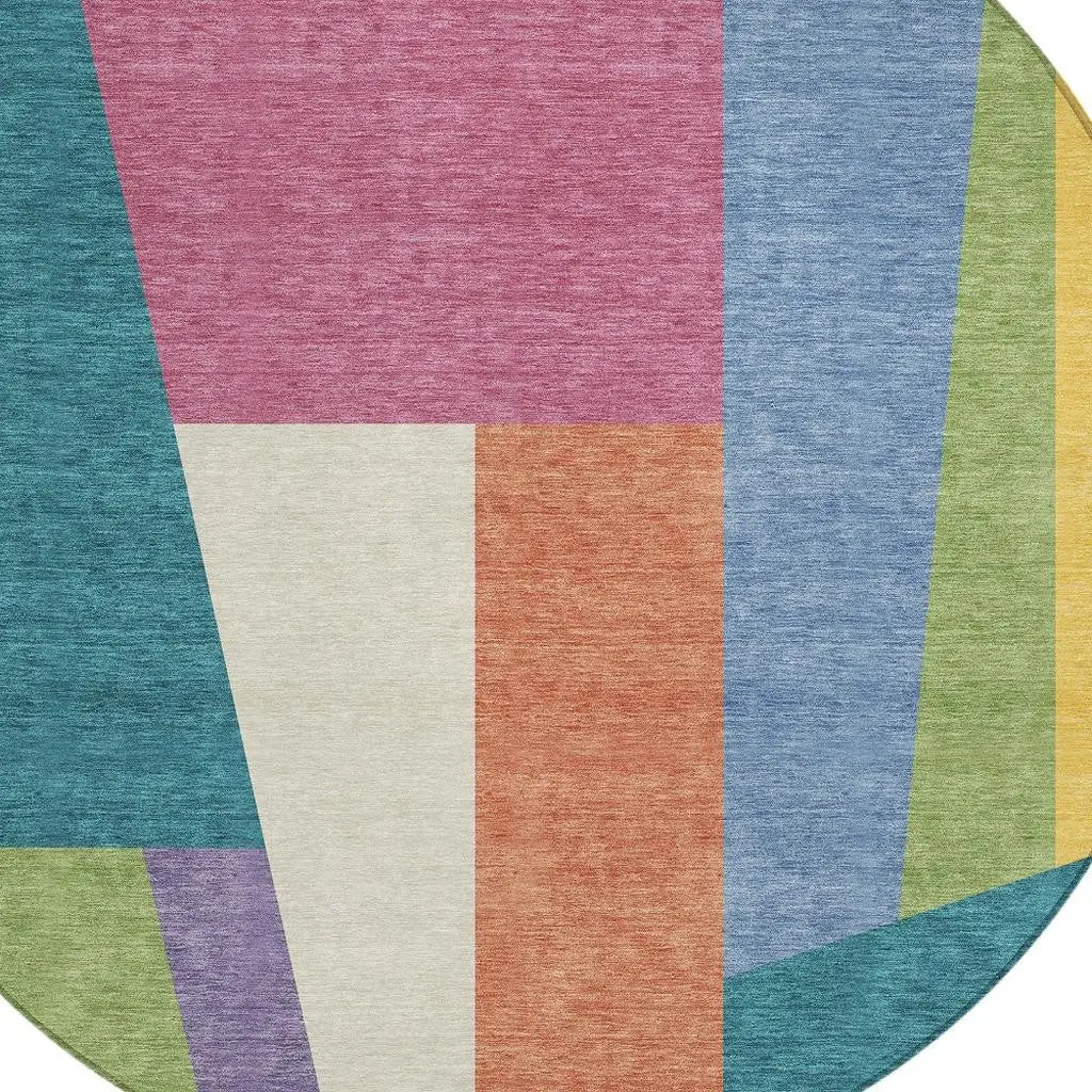8' Teal Blue And Blush Round Geometric Washable Indoor Outdoor Area Rug Homeroots Outdoor