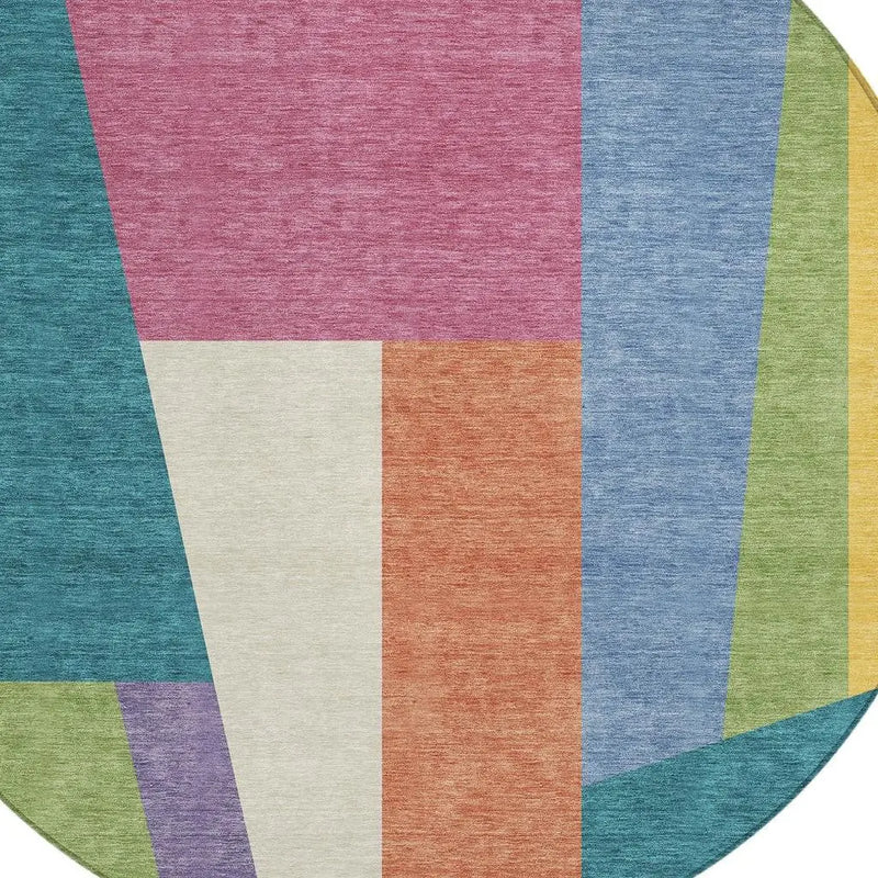8' Teal Blue And Blush Round Geometric Washable Indoor Outdoor Area Rug Homeroots Outdoor
