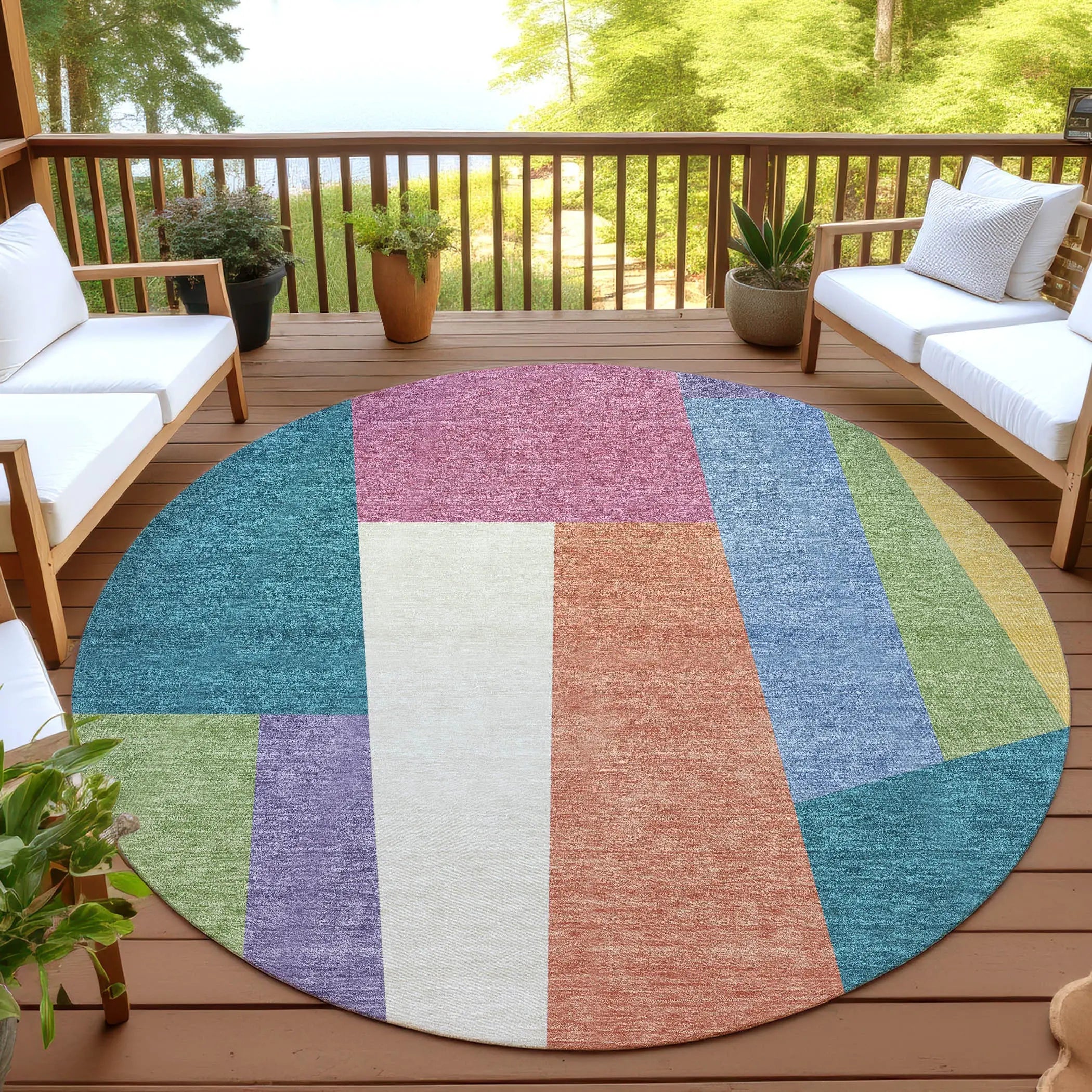 8' Teal Blue And Blush Round Geometric Washable Indoor Outdoor Area Rug Homeroots Outdoor