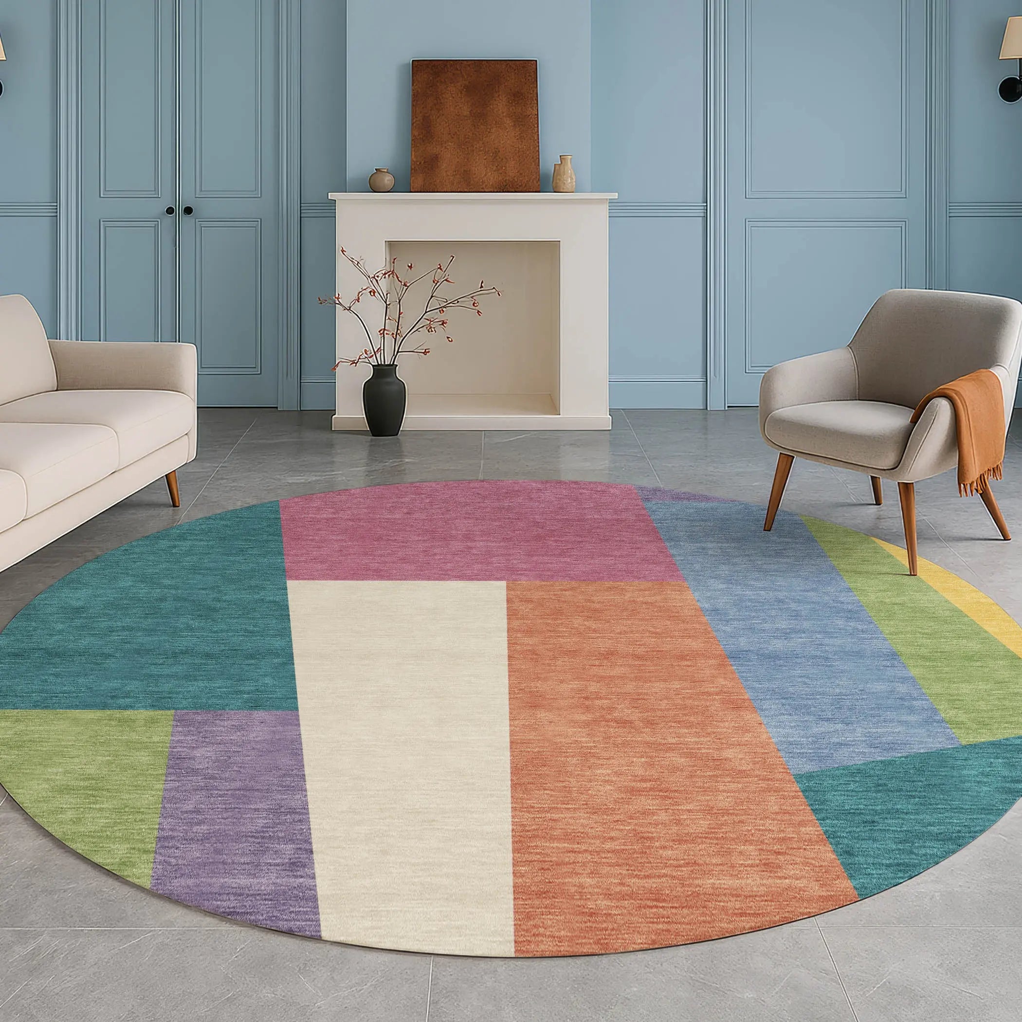 8' Teal Blue And Blush Round Geometric Washable Indoor Outdoor Area Rug Homeroots Outdoor