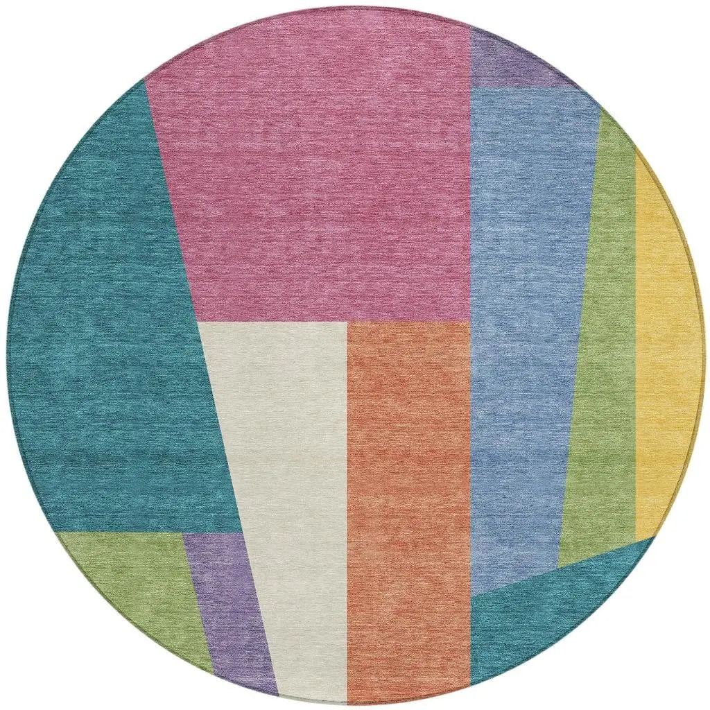 8' Teal Blue And Blush Round Geometric Washable Indoor Outdoor Area Rug Homeroots Outdoor