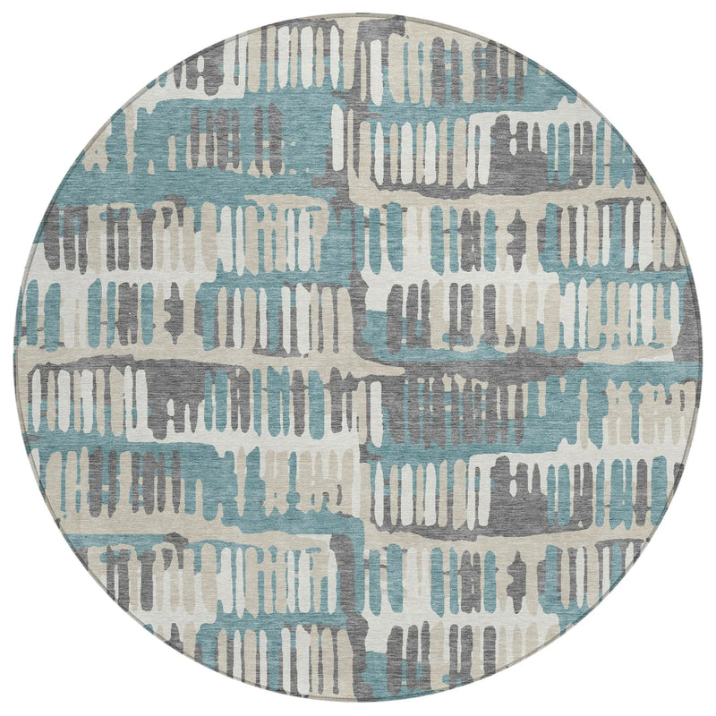 8' Teal Blue And Brown Round Abstract Washable Indoor Outdoor Area Rug Homeroots Outdoor