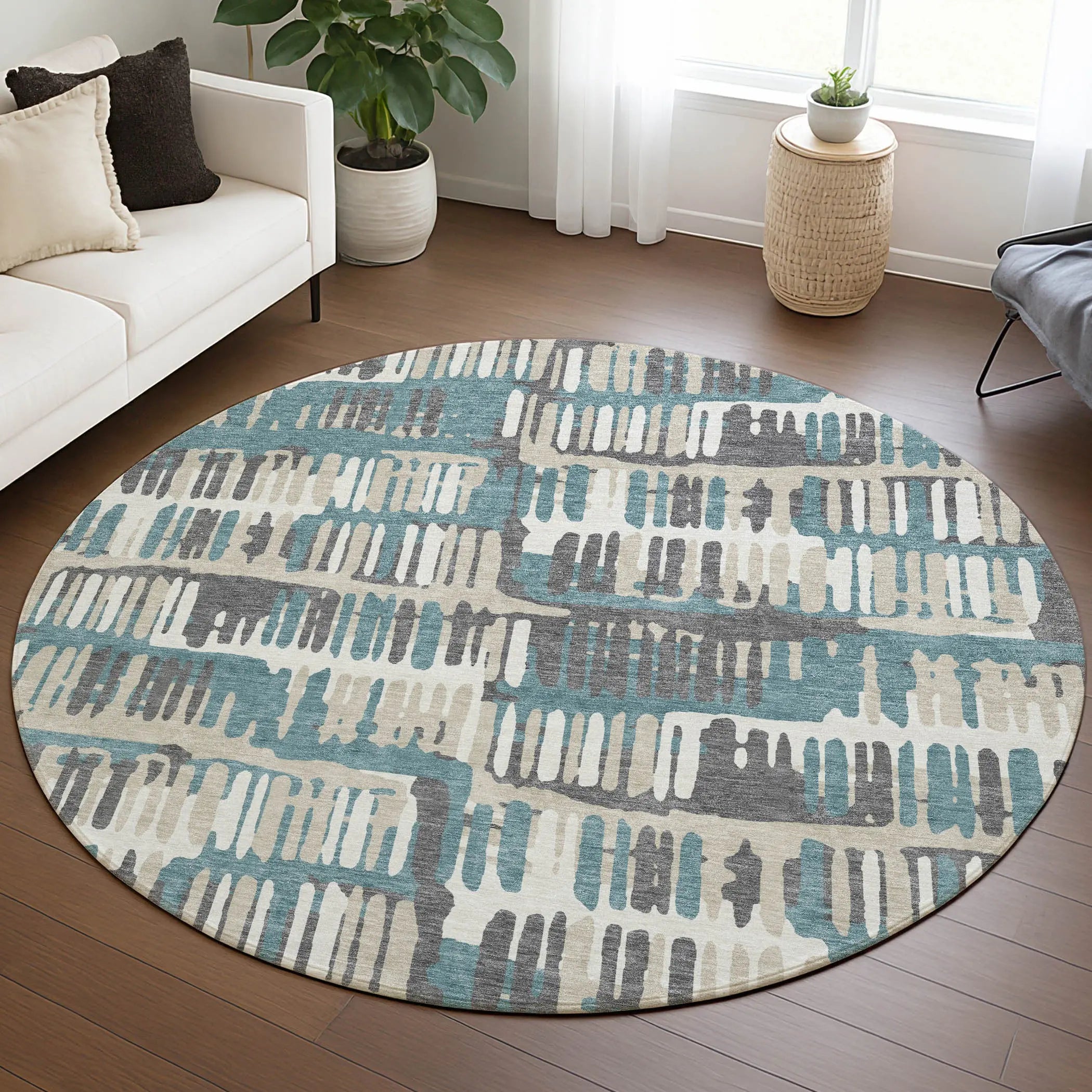 8' Teal Blue And Brown Round Abstract Washable Indoor Outdoor Area Rug Homeroots Outdoor