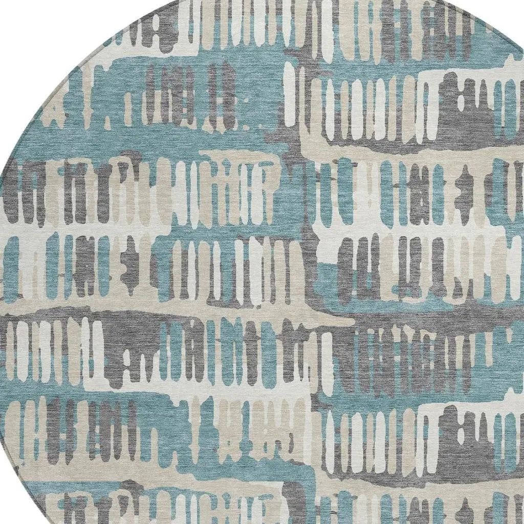 8' Teal Blue And Brown Round Abstract Washable Indoor Outdoor Area Rug Homeroots Outdoor