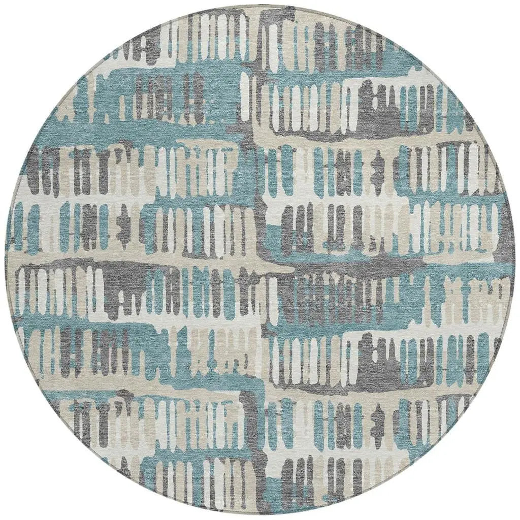 8' Teal Blue And Brown Round Abstract Washable Indoor Outdoor Area Rug Homeroots Outdoor