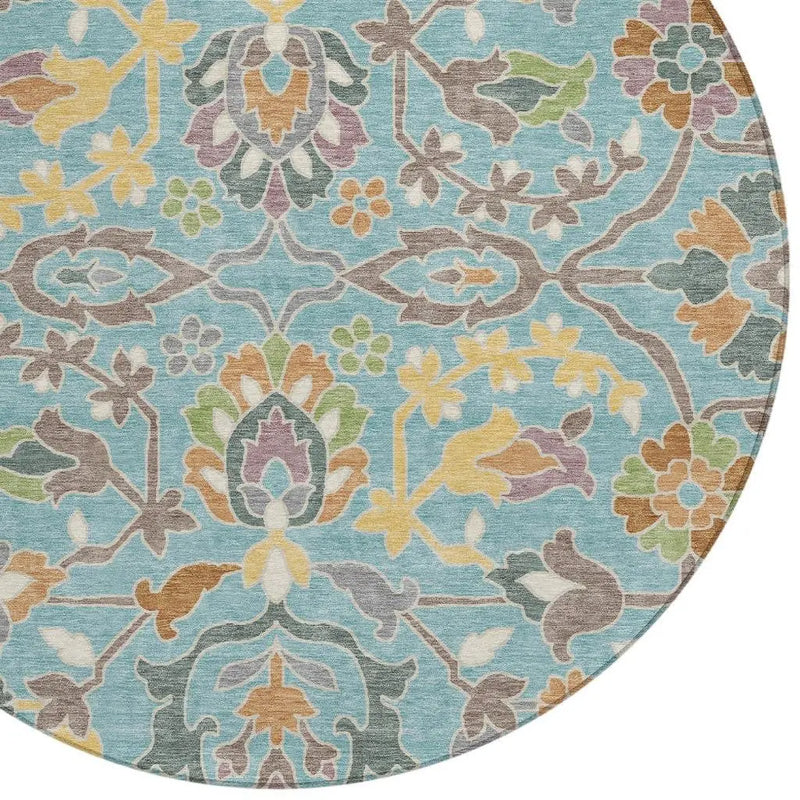 8' Teal Blue And Brown Round Floral Washable Indoor Outdoor Area Rug Homeroots Outdoor