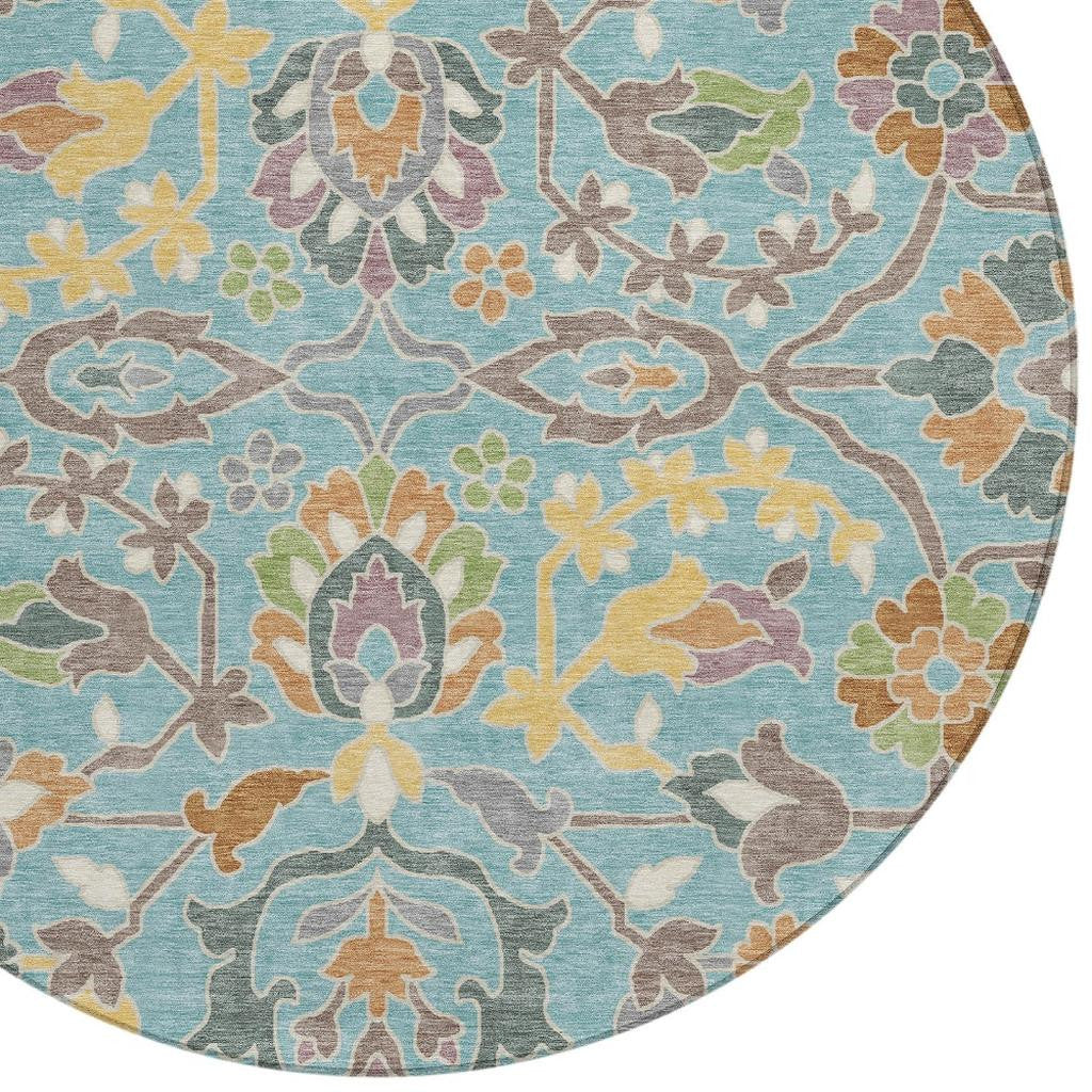 8' Teal Blue And Brown Round Floral Washable Indoor Outdoor Area Rug Homeroots Outdoor