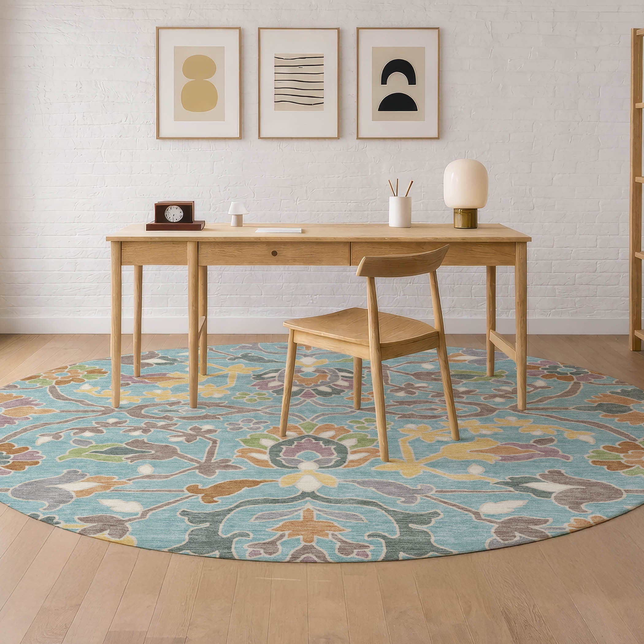 8' Teal Blue And Brown Round Floral Washable Indoor Outdoor Area Rug Homeroots Outdoor