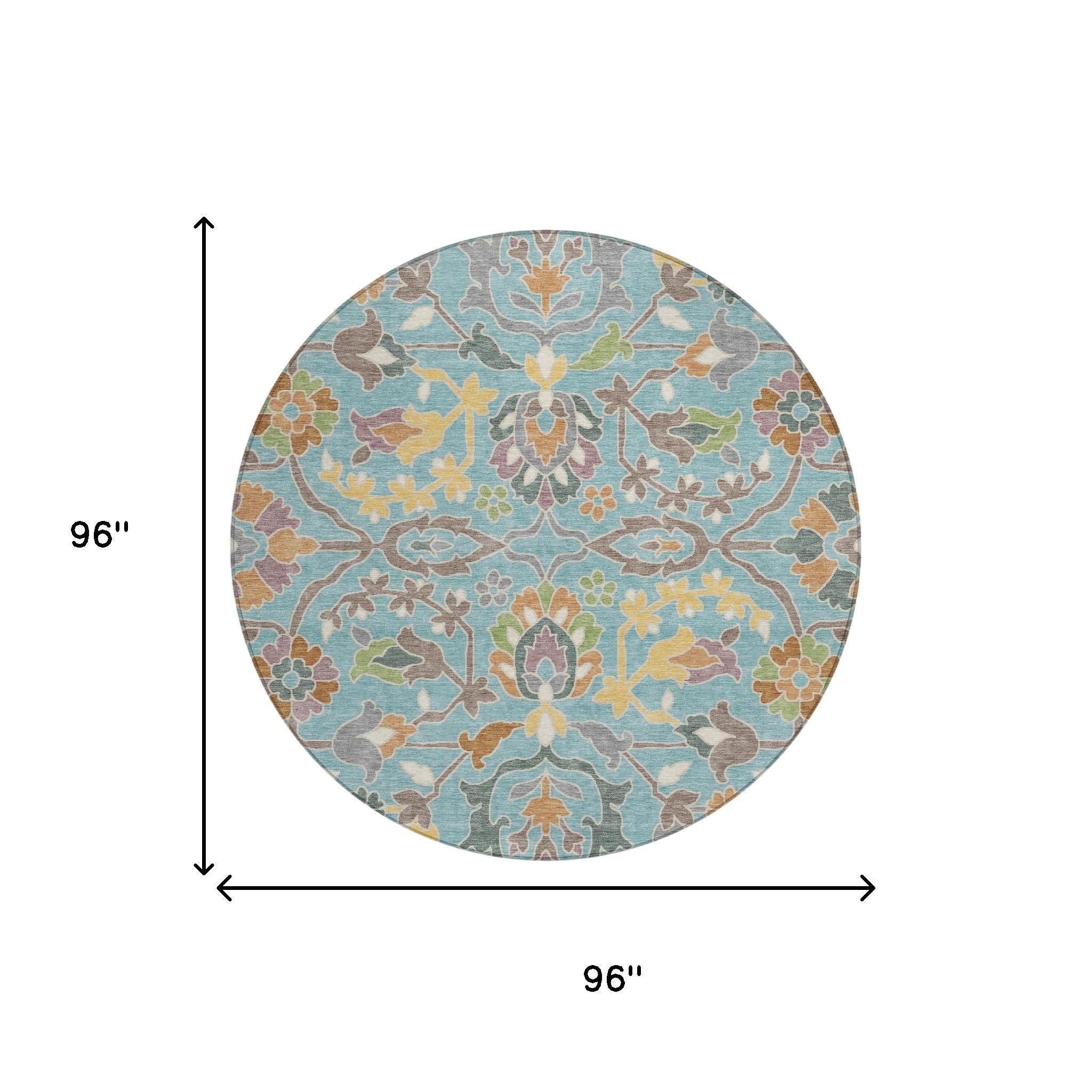 8' Teal Blue And Brown Round Floral Washable Indoor Outdoor Area Rug Homeroots Outdoor