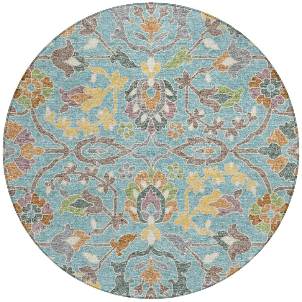8' Teal Blue And Brown Round Floral Washable Indoor Outdoor Area Rug Homeroots Outdoor
