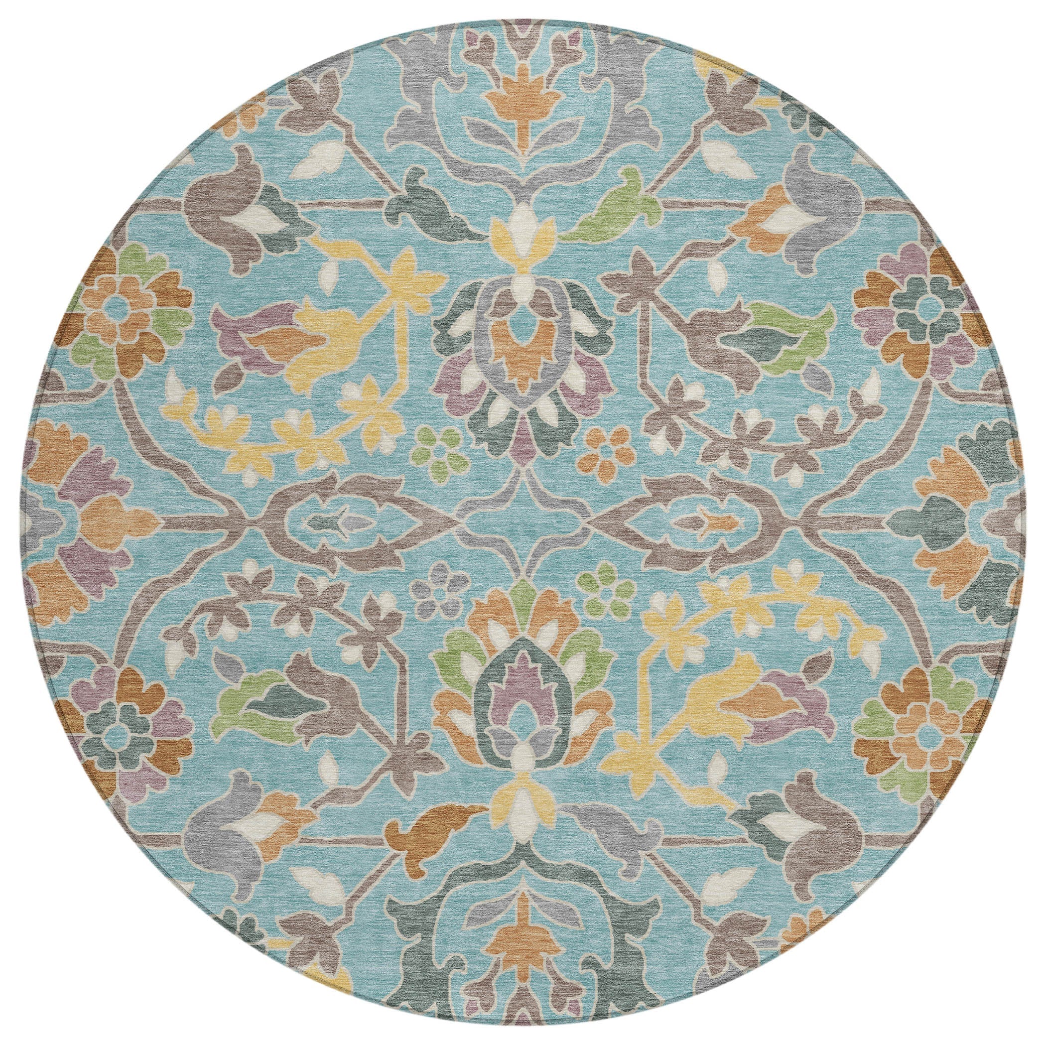 8' Teal Blue And Brown Round Floral Washable Indoor Outdoor Area Rug Homeroots Outdoor