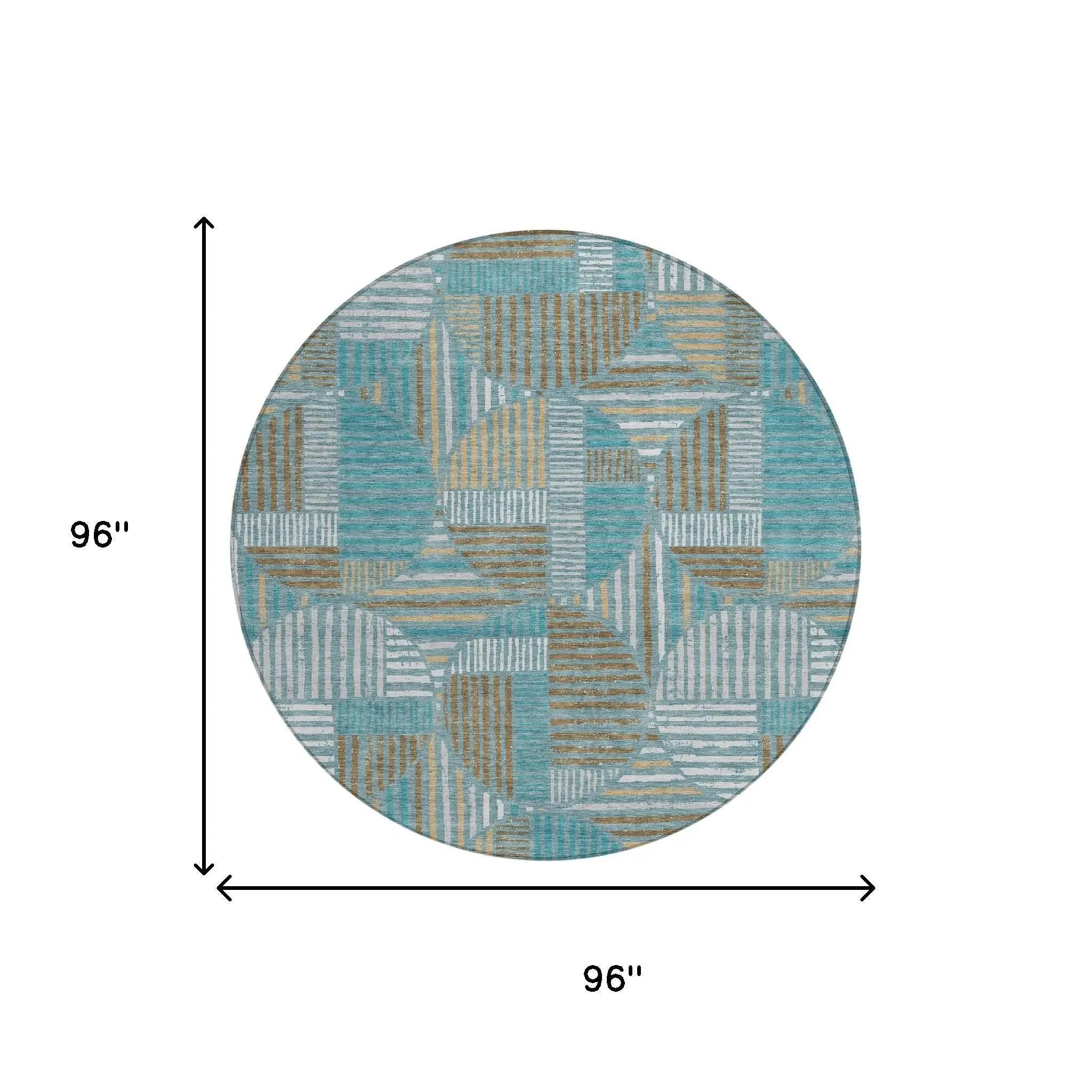 8' Teal Blue And Brown Round Geometric Washable Indoor Outdoor Area Rug Homeroots Outdoor