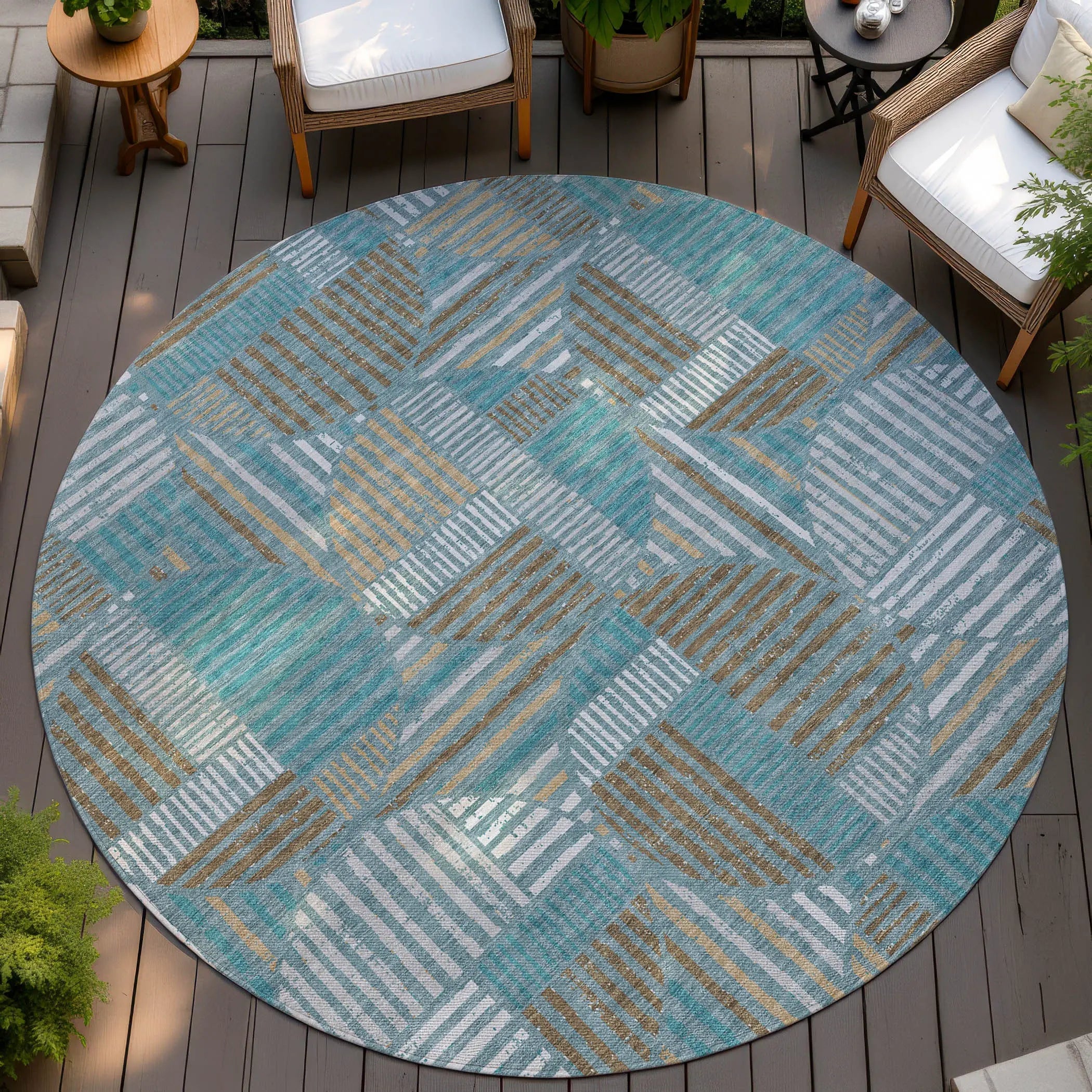 8' Teal Blue And Brown Round Geometric Washable Indoor Outdoor Area Rug Homeroots Outdoor