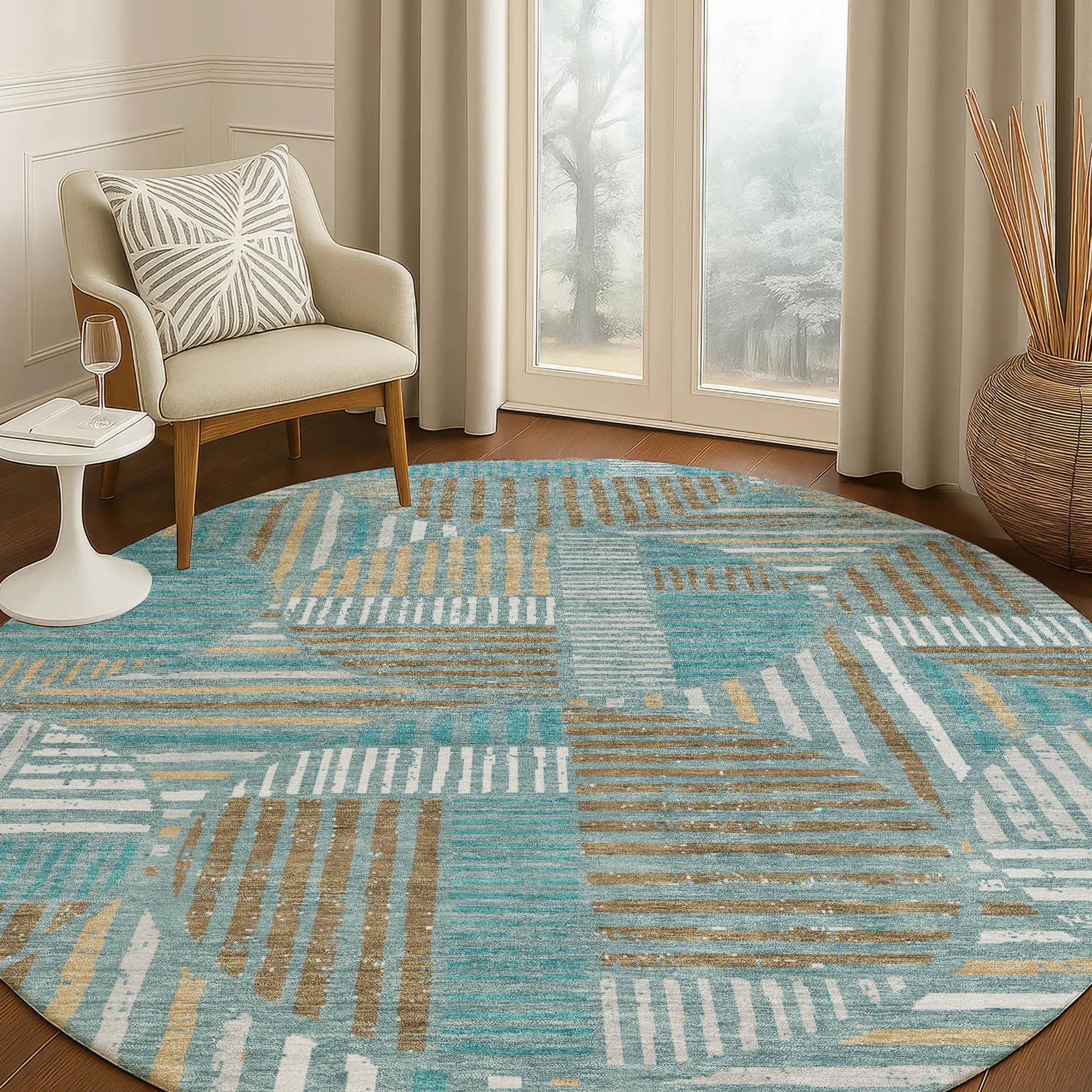 8' Teal Blue And Brown Round Geometric Washable Indoor Outdoor Area Rug Homeroots Outdoor