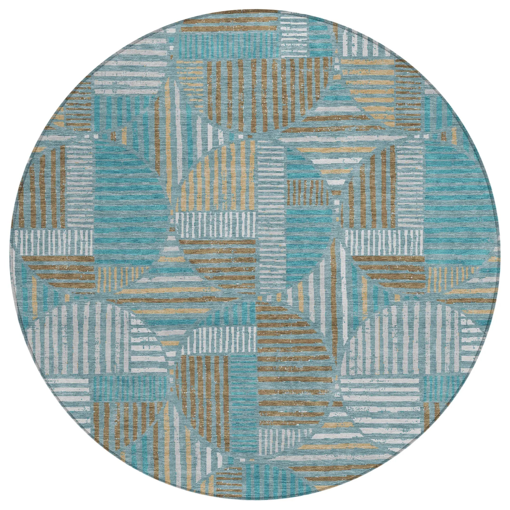 8' Teal Blue And Brown Round Geometric Washable Indoor Outdoor Area Rug Homeroots Outdoor